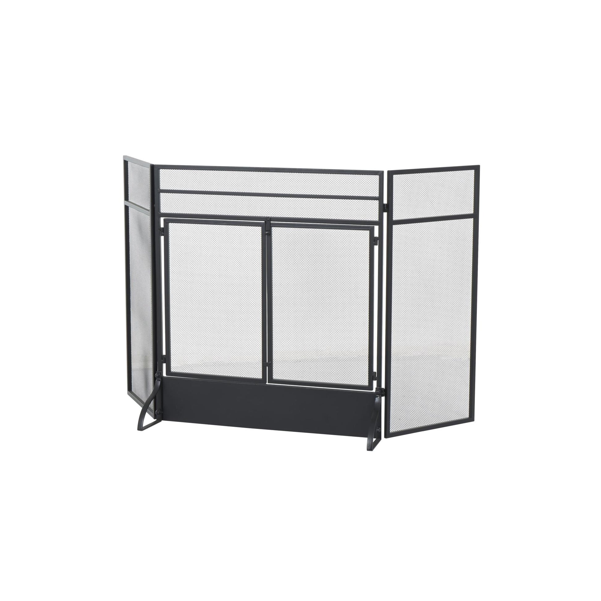 Geometric Black Metal 3 Panel and 2 Door Living Room Fireplace Screen with Mesh Backing