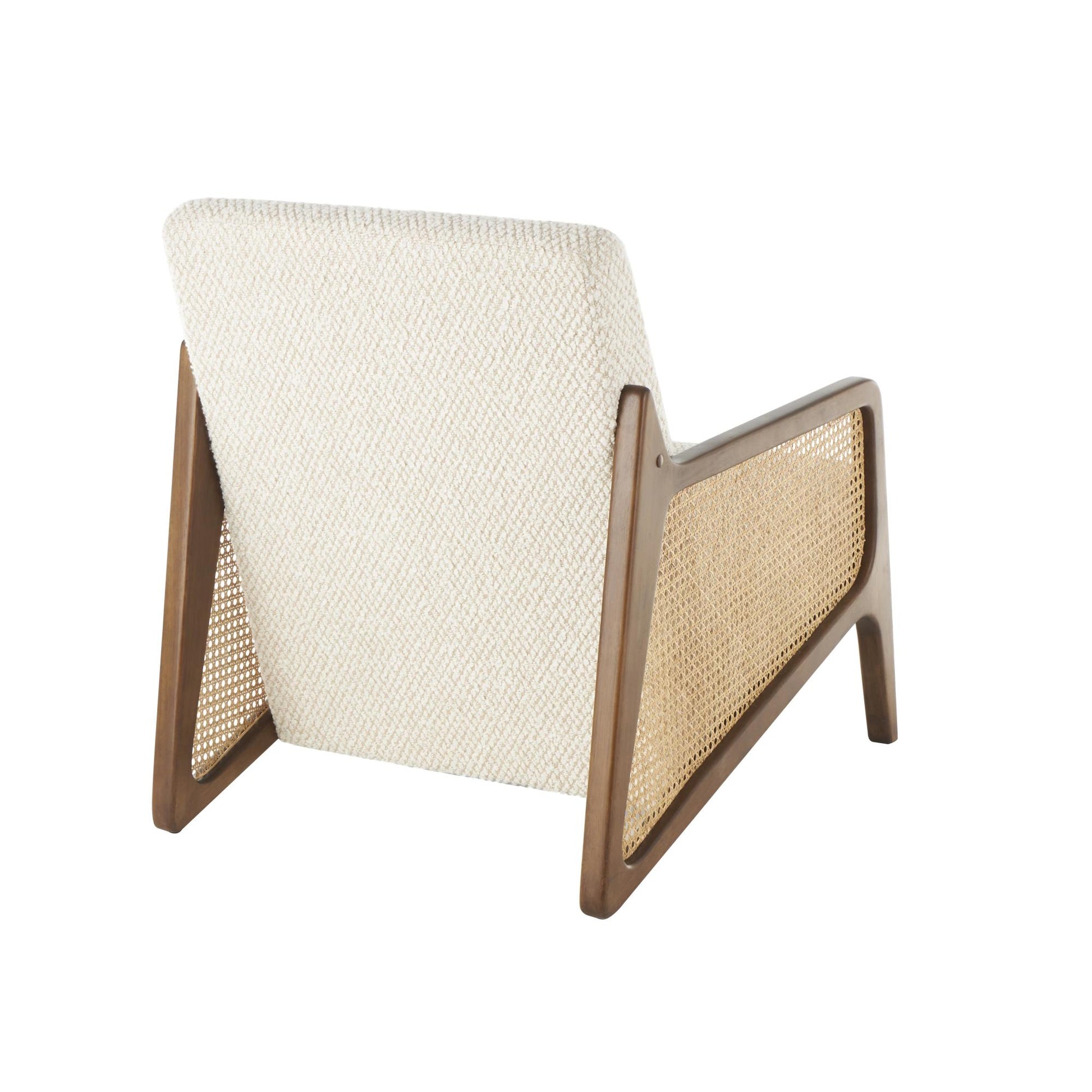 Cream Wood Upholstered Boucle Living Room Accent Chair with Brown Wooden Frame and Rattan Cane Panels
