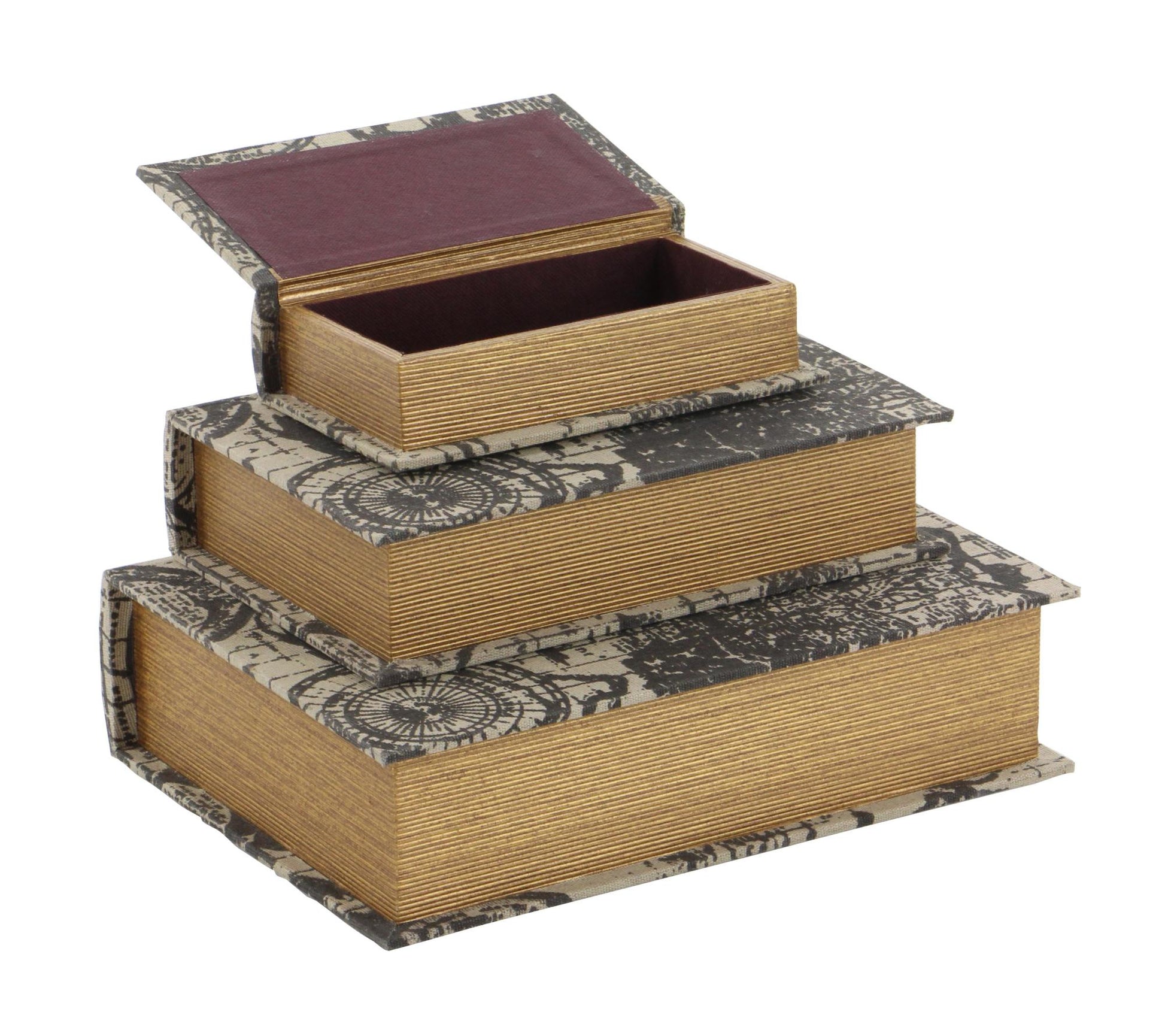 Set of 3 World Map Beige Linen Fabric Faux Book Storage Decorative Box with Black Continents