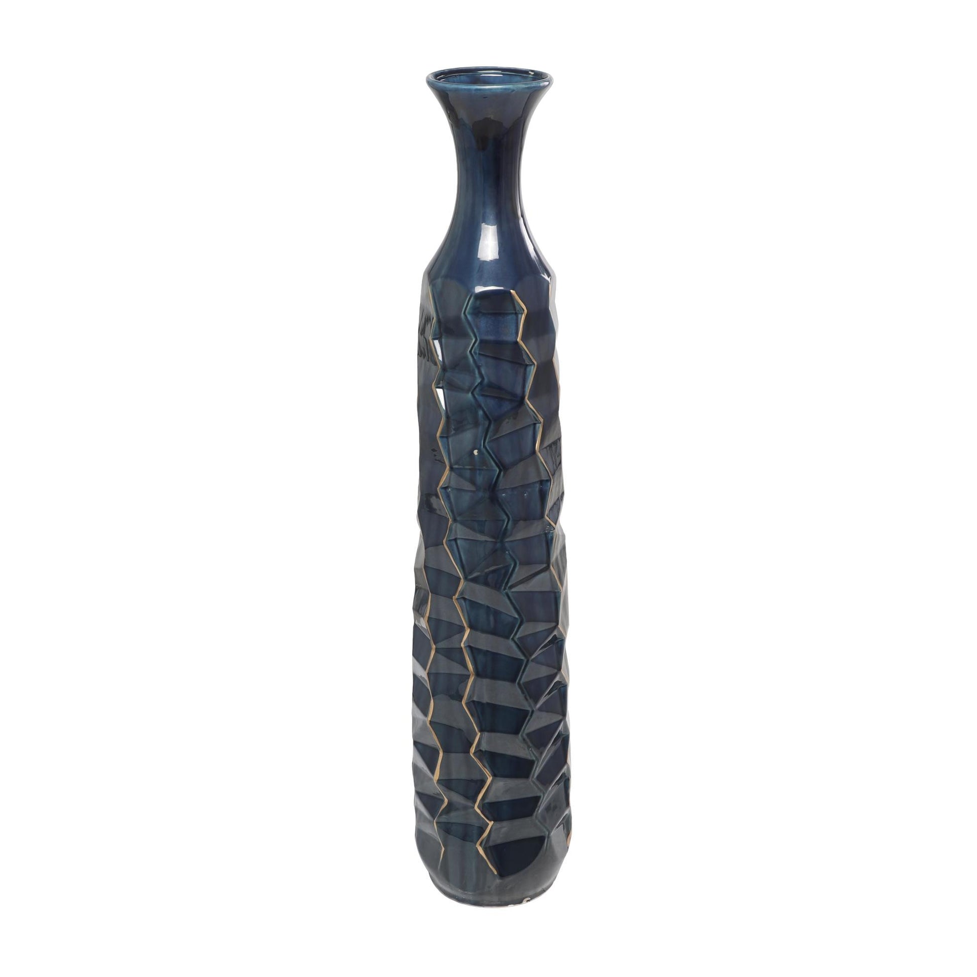 Teal Ceramic Geometric Floor Decorative Vase with Gold Accents