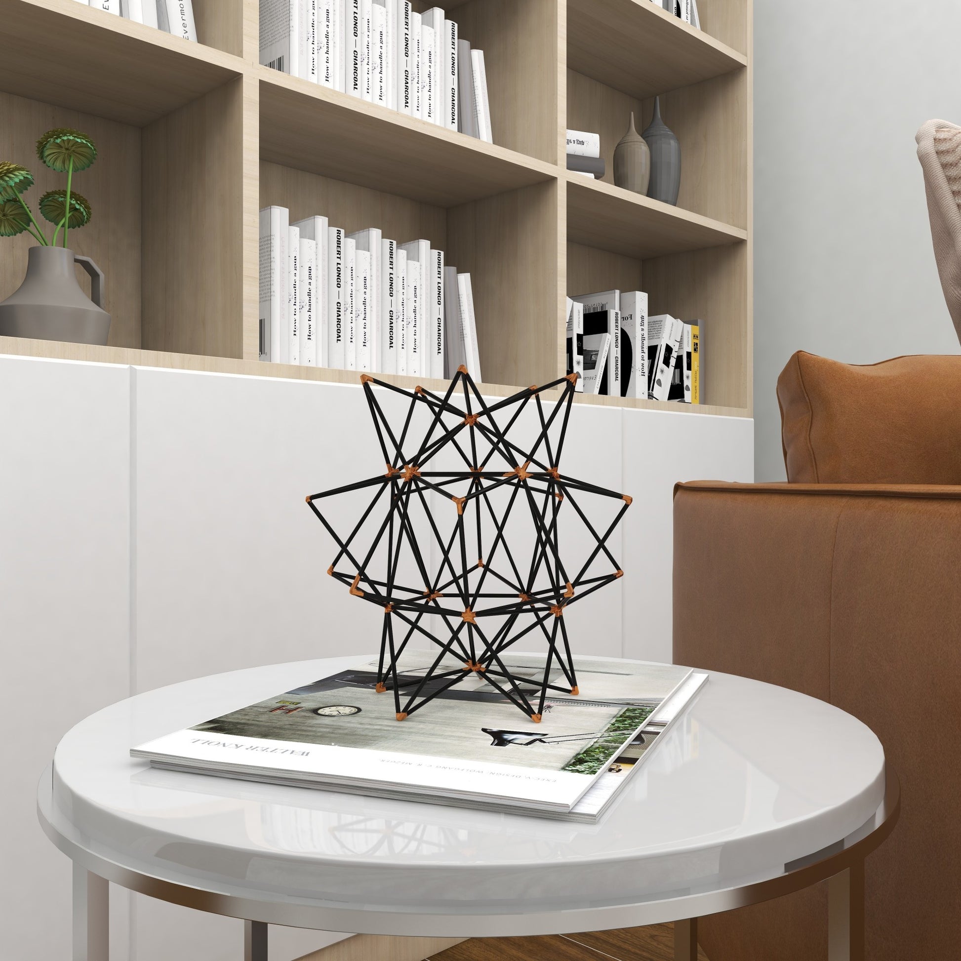 Geometric Black Metal Wire Star Decorative Sculpture with Gold Accents