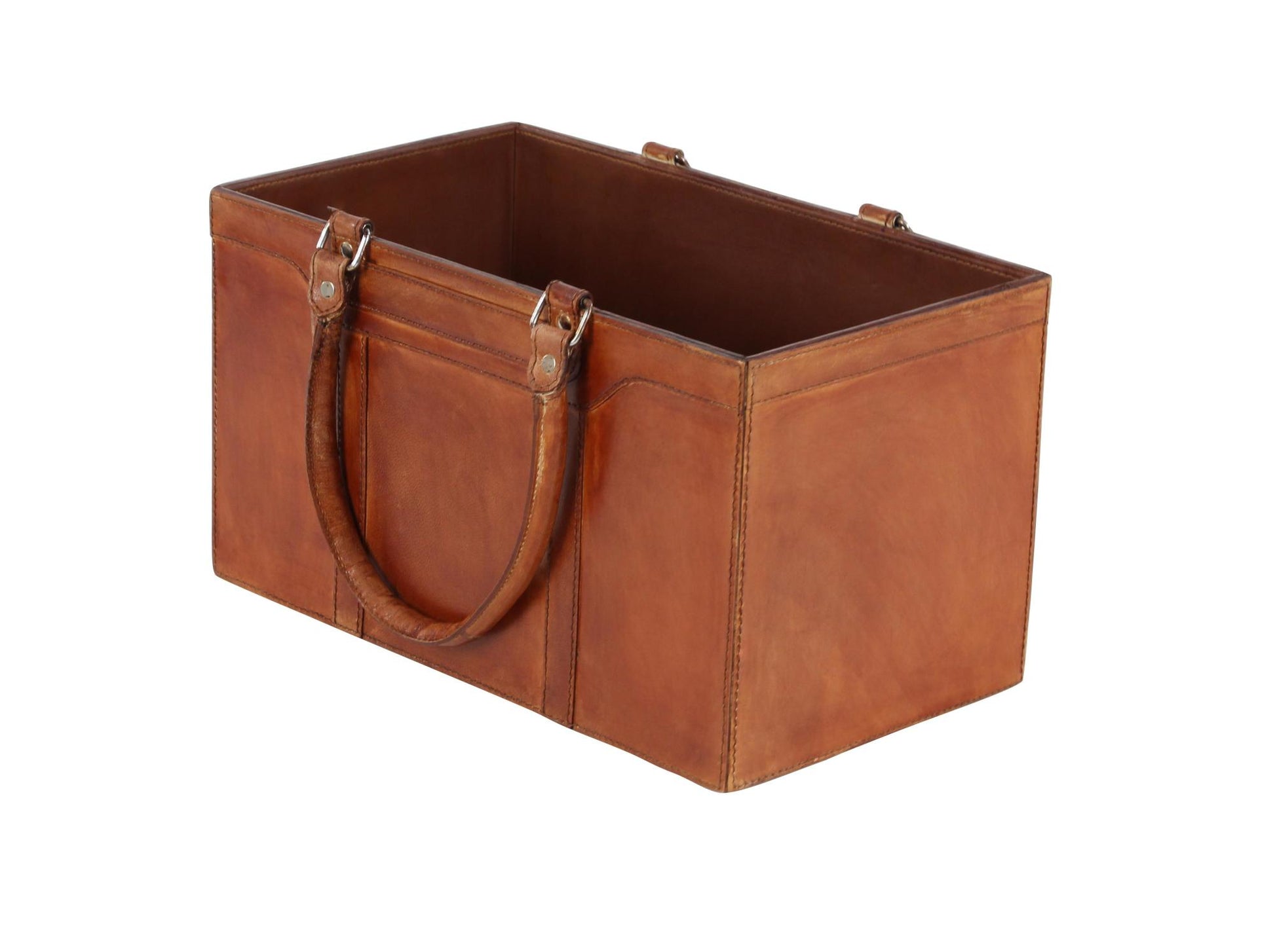 Brown Leather Handmade Box Style Decorative Magazine Holder with Detail Stitching and Curved Handles