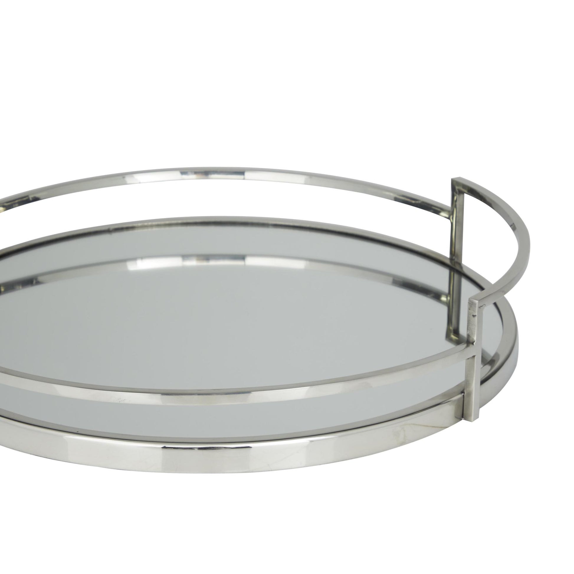Set of 2 Stainless Steel Metal Round Mirrored Living Room Decor Tray with Elevated Rim and Handles