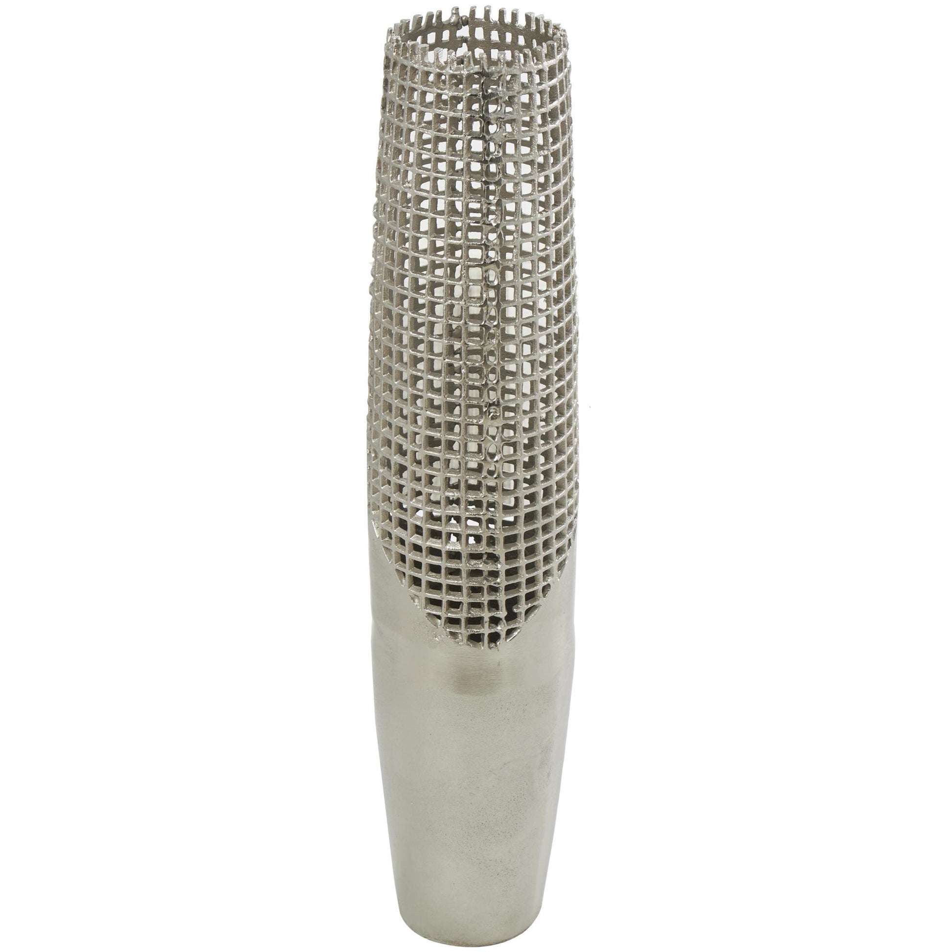 Silver Aluminum Metal Tall Grid Inspired Decorative Vase with Open Frame Design