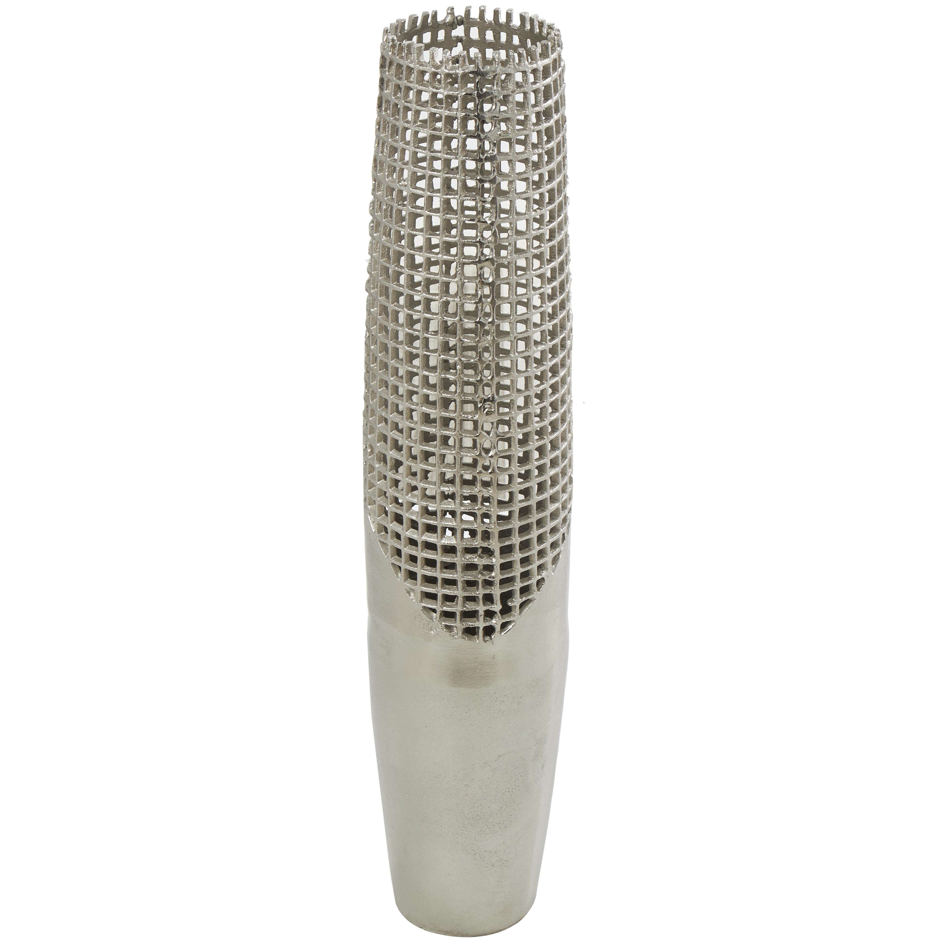 Silver Aluminum Metal Tall Grid Inspired Decorative Vase with Open Frame Design