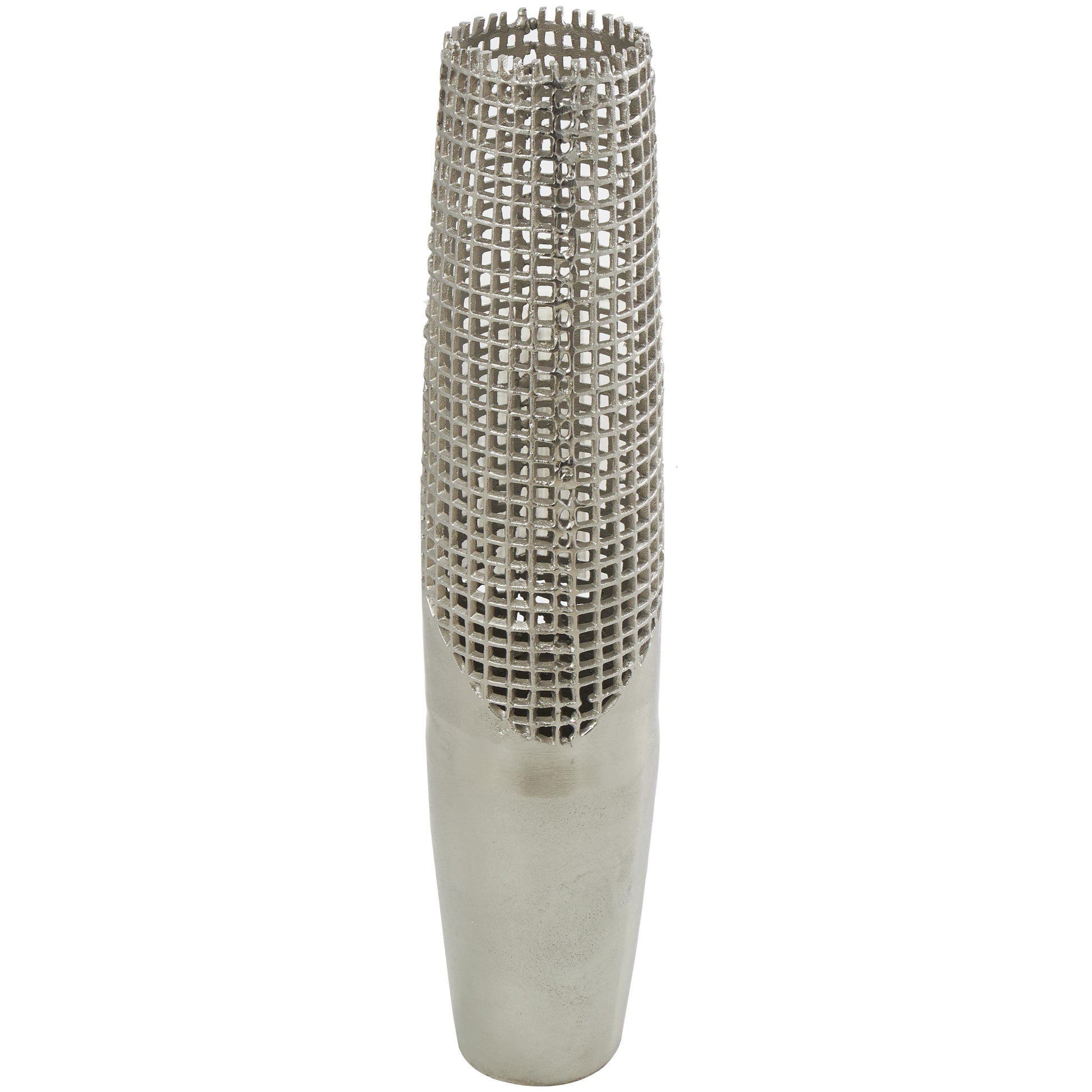 Silver Aluminum Metal Tall Grid Inspired Decorative Vase with Open Frame Design