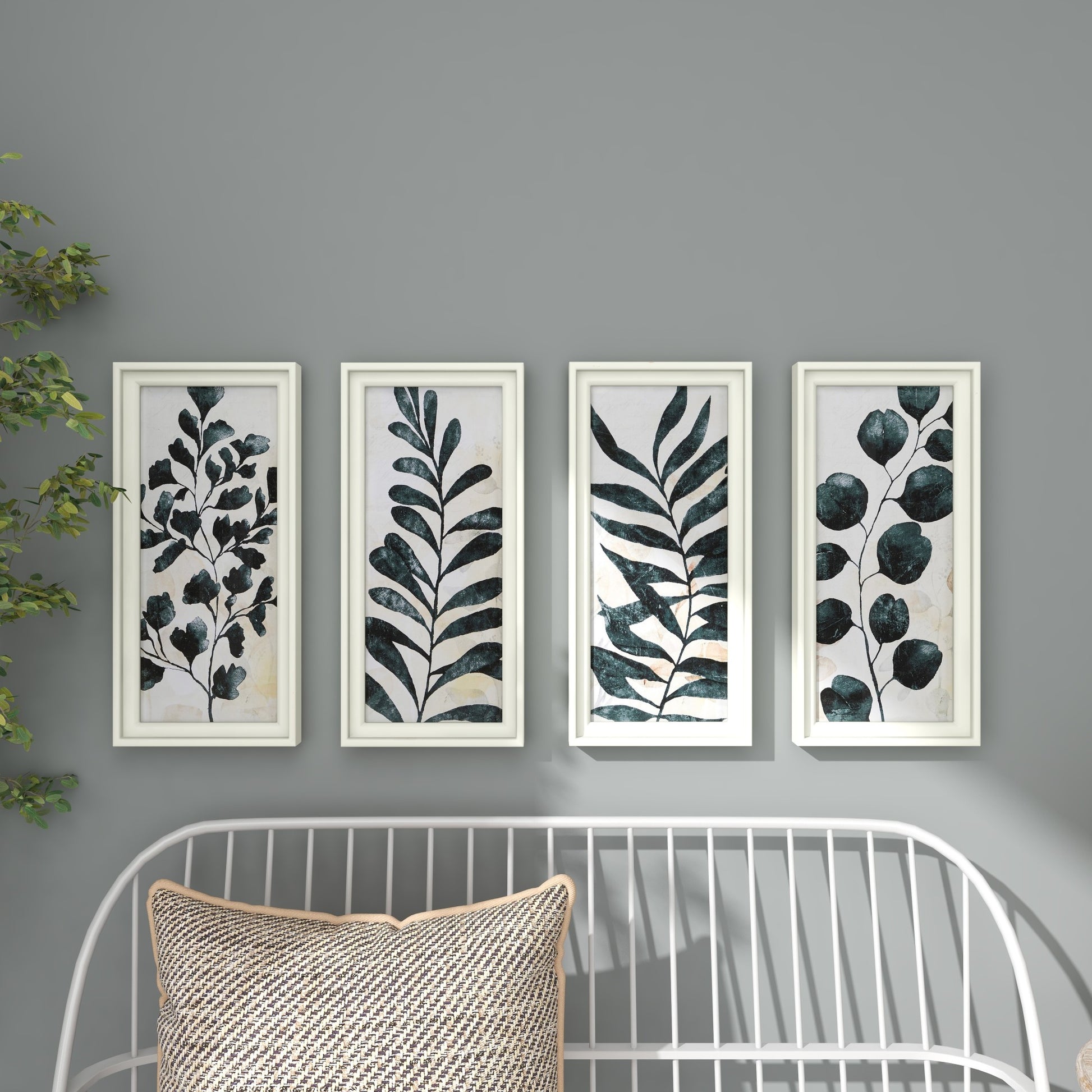 Set of 4 Leaf Green Wood Panel Living Room Framed Wall Art with Cream Frame