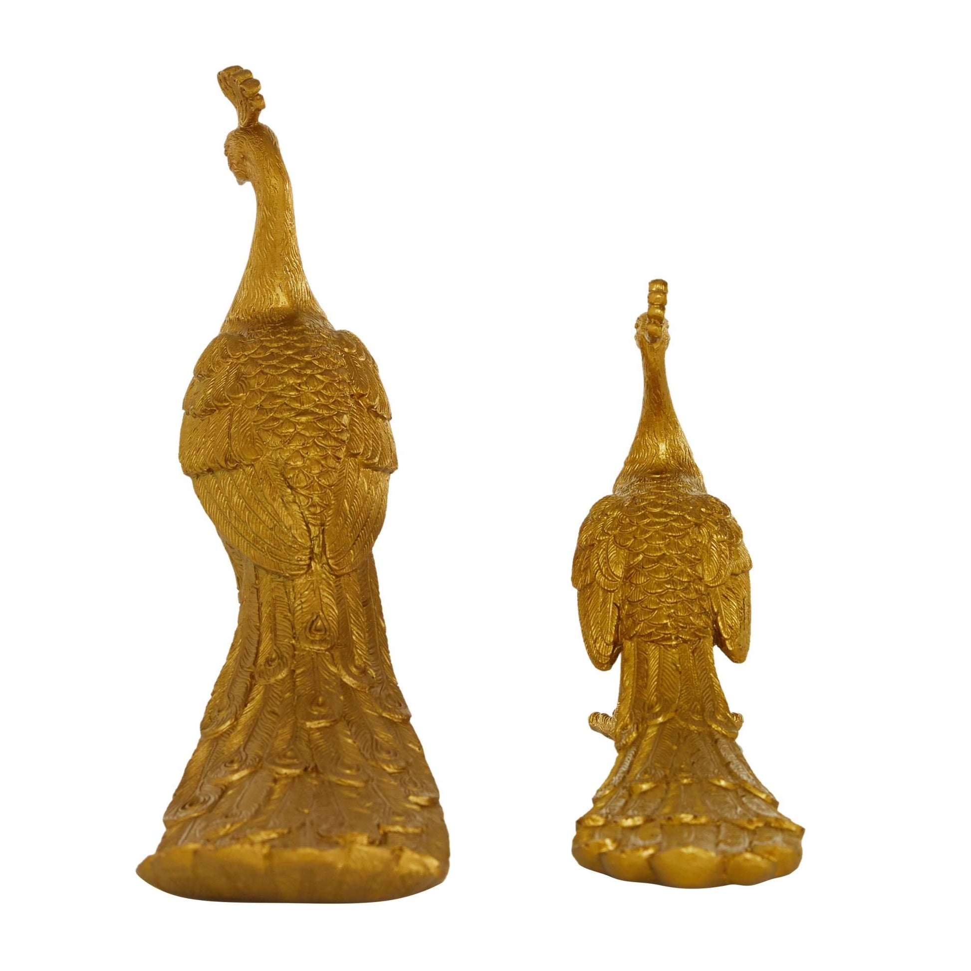 Set of 2 Peacock Gold Polyresin Decorative Sculpture