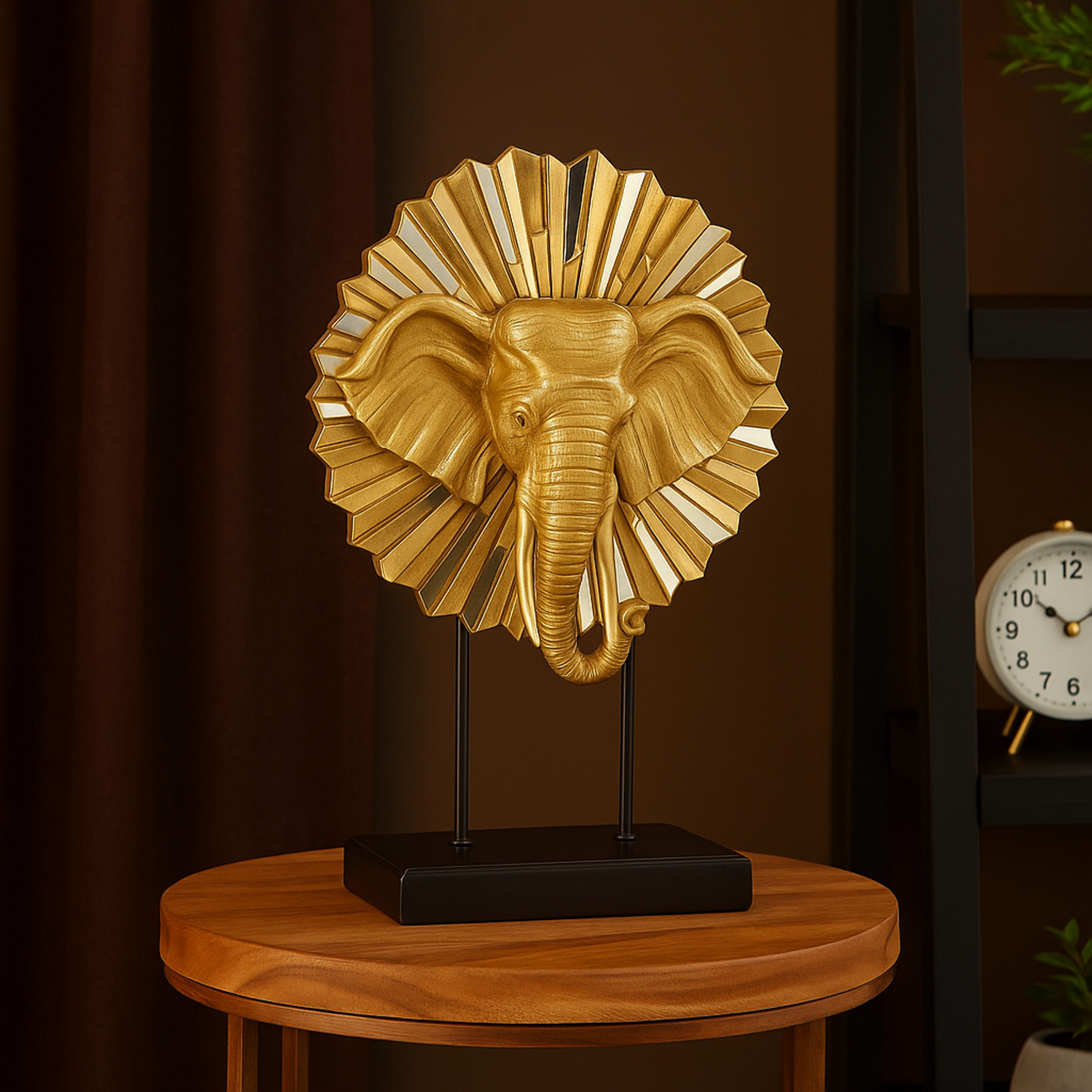 Elephant Gold Resin Decorative Sculpture with Mirrored Sunburst Accent and Black Stand