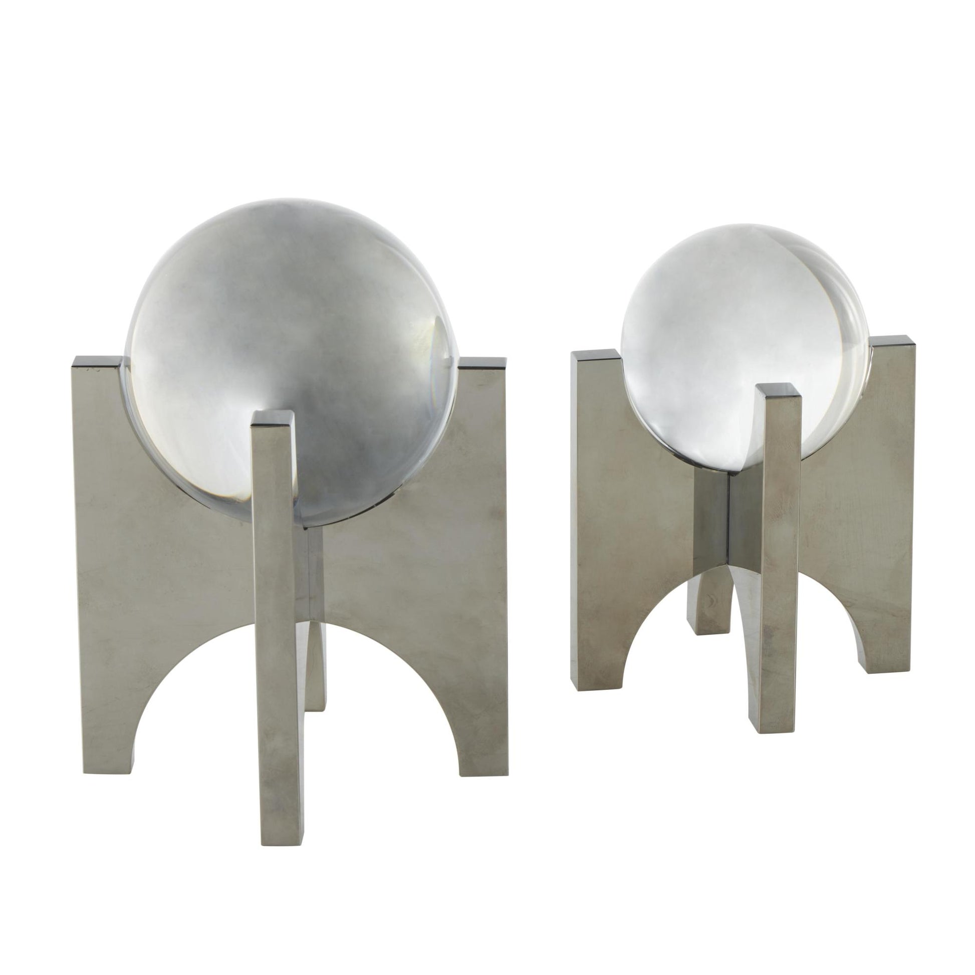 Geometric Silver Glass Orb Decorative Sculpture with Clear Orb and X-Shaped Holder