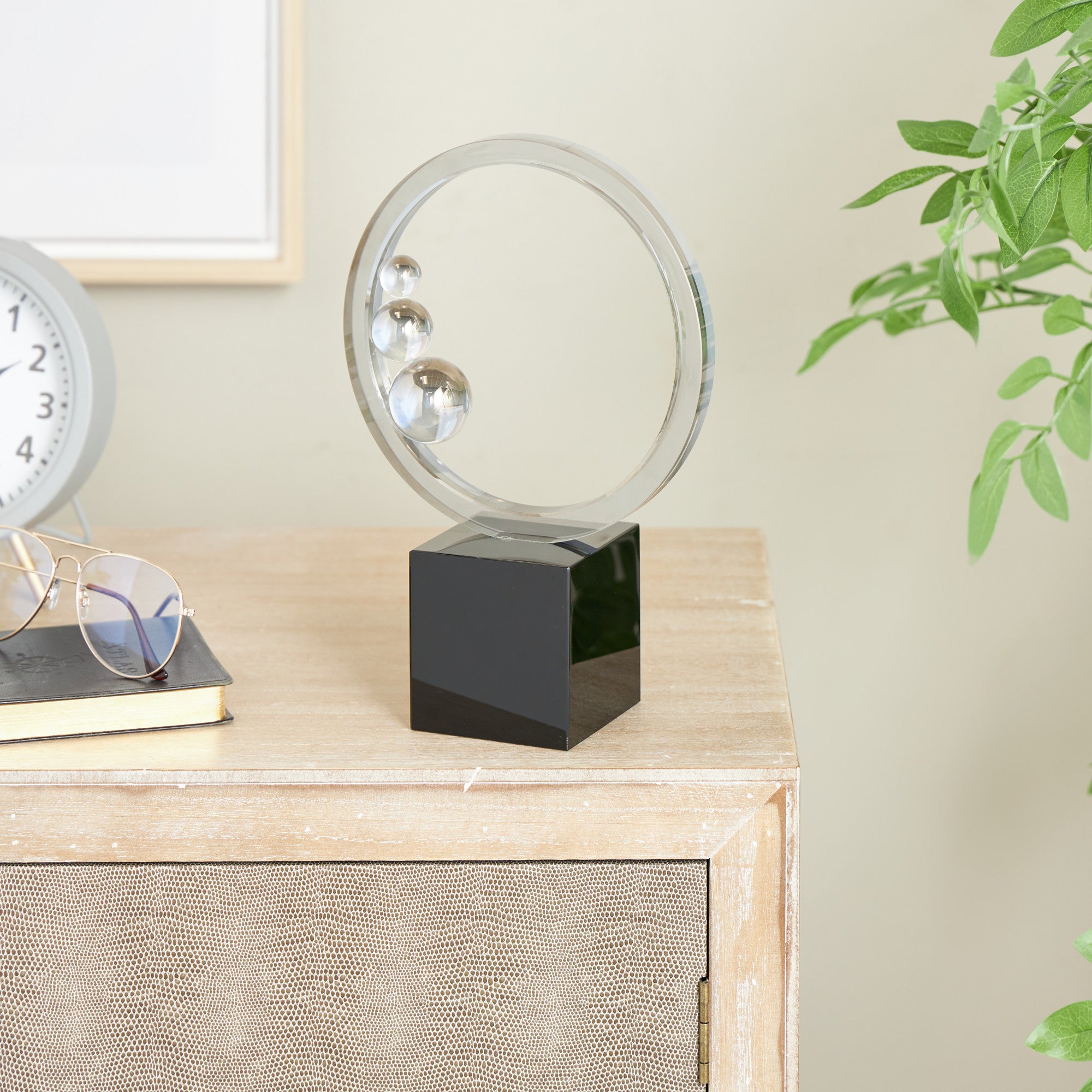 Abstract Clear Glass Ring Decorative Sculpture with Clear Orbs and Black Square Base