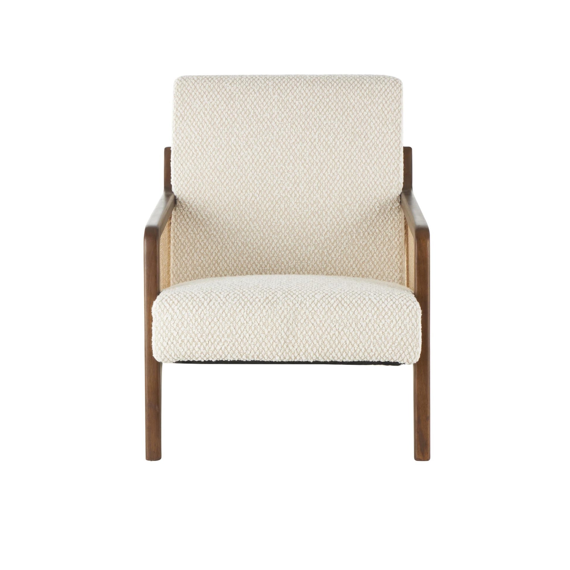 Cream Wood Upholstered Boucle Living Room Accent Chair with Brown Wooden Frame and Rattan Cane Panels
