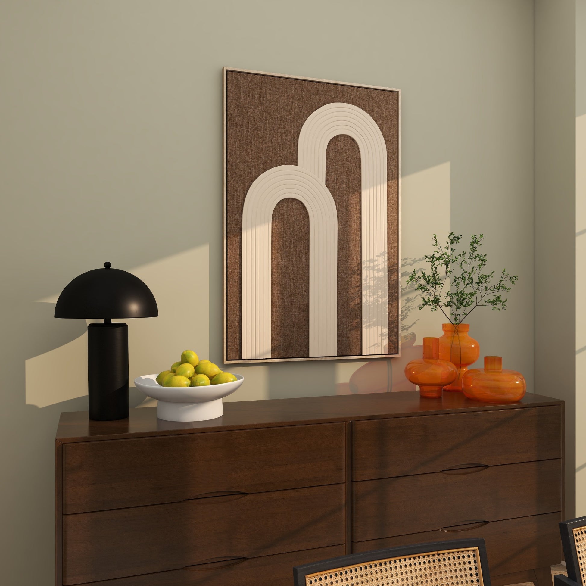 Abstract Dark Brown Polyester Living Room Framed Wall Art with Overlapping Tan Ribbed Arches