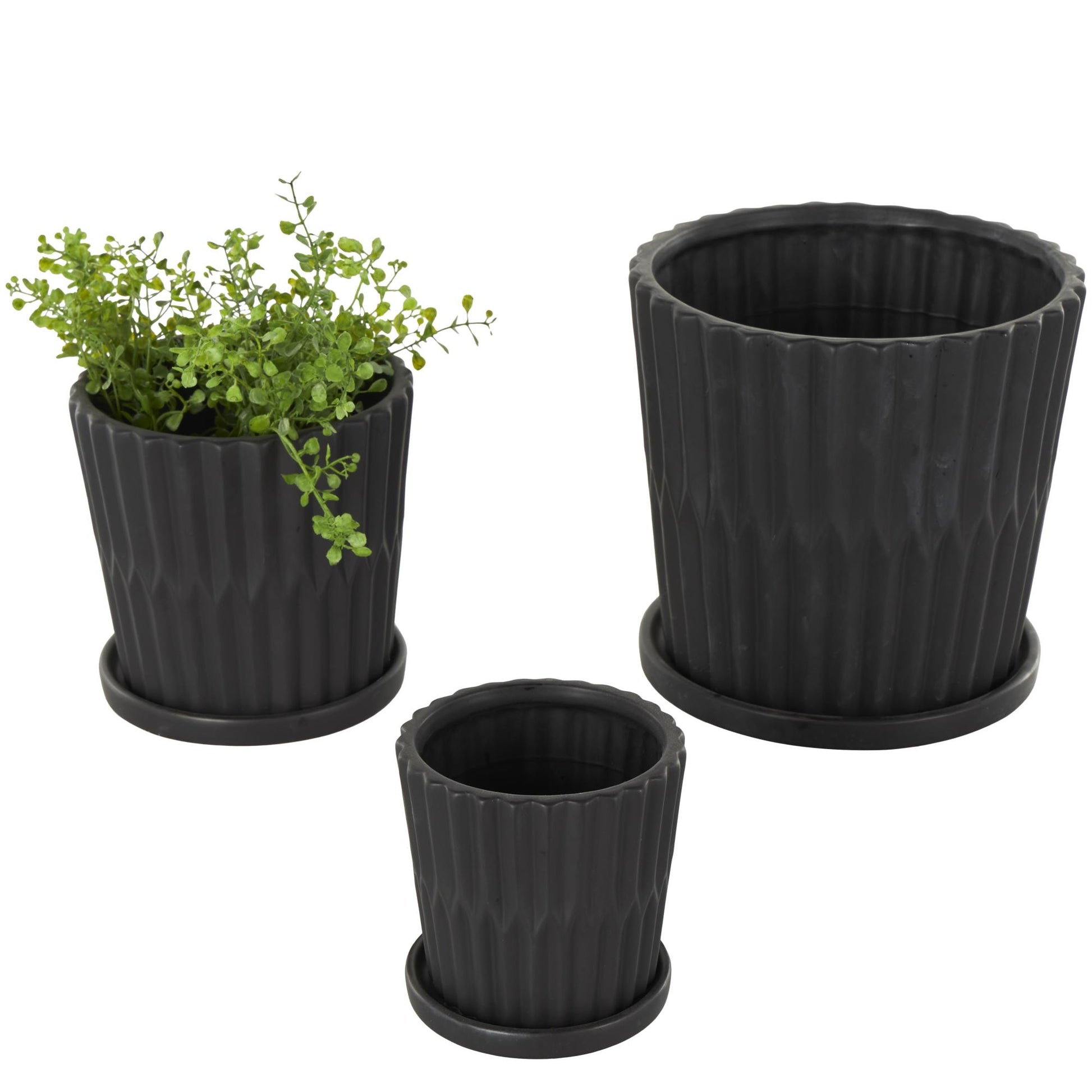Set of 3 Ceramic Ribbed Indoor Outdoor Planter with Attached Saucer Set of 3 8",6",5"H