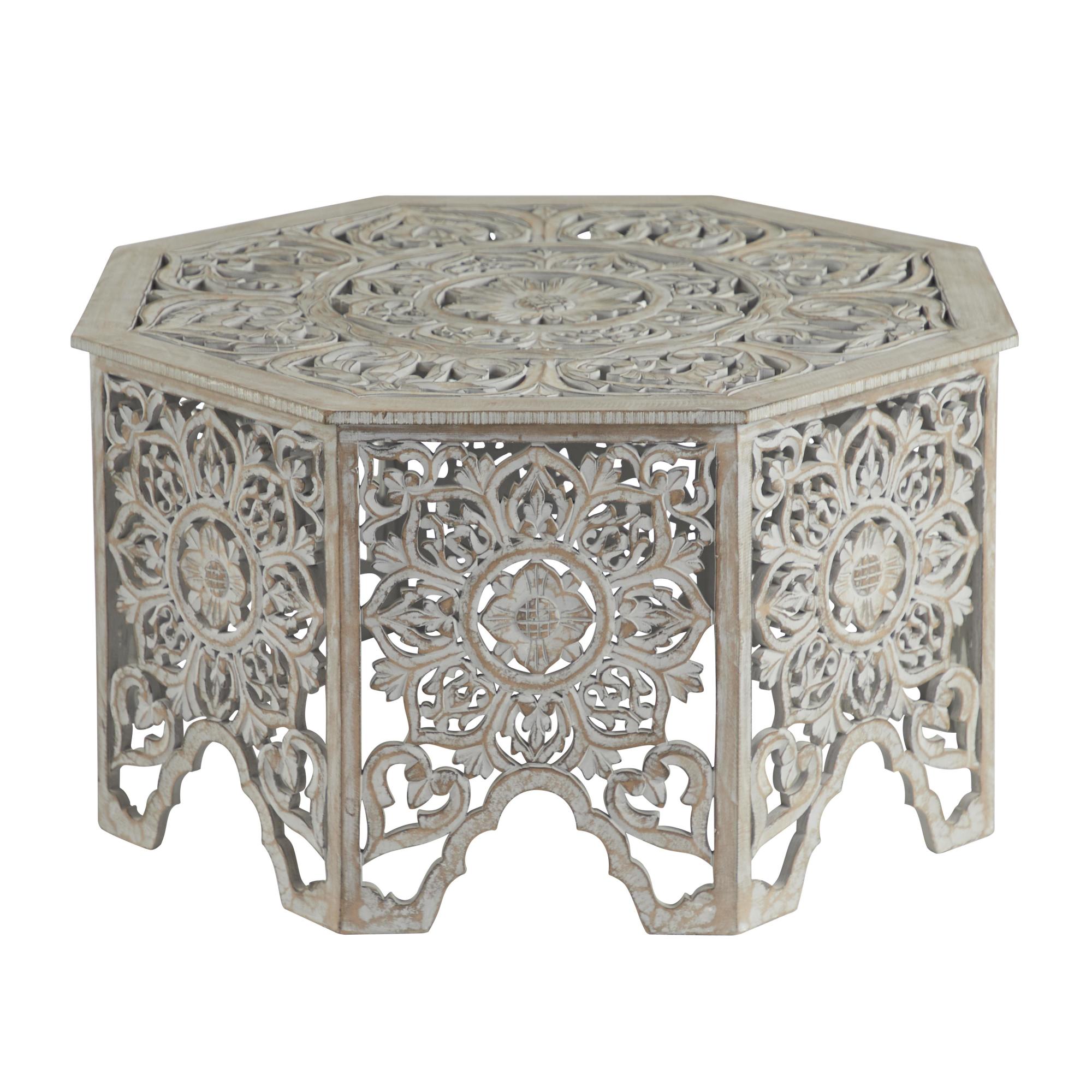 Floral Light Gray Wooden Handmade Intricately Carved Living Room Coffee Table with Hollow Interior