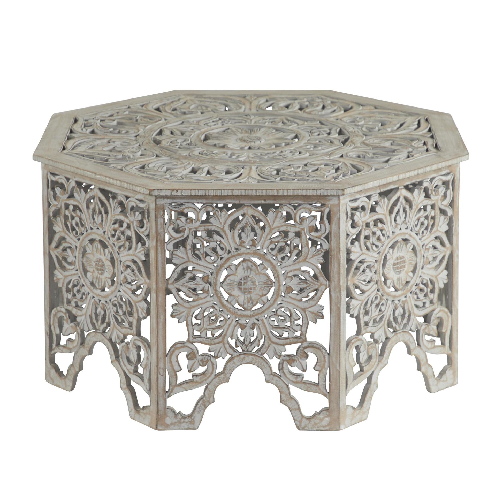 Floral Light Gray Wooden Handmade Intricately Carved Living Room Coffee Table with Hollow Interior