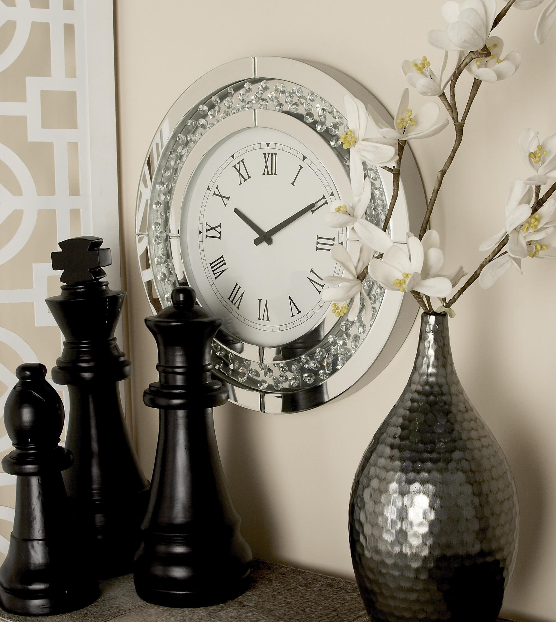 Silver Glass Beveled Mirrored Decorative Wall Clock with Floating Crystals