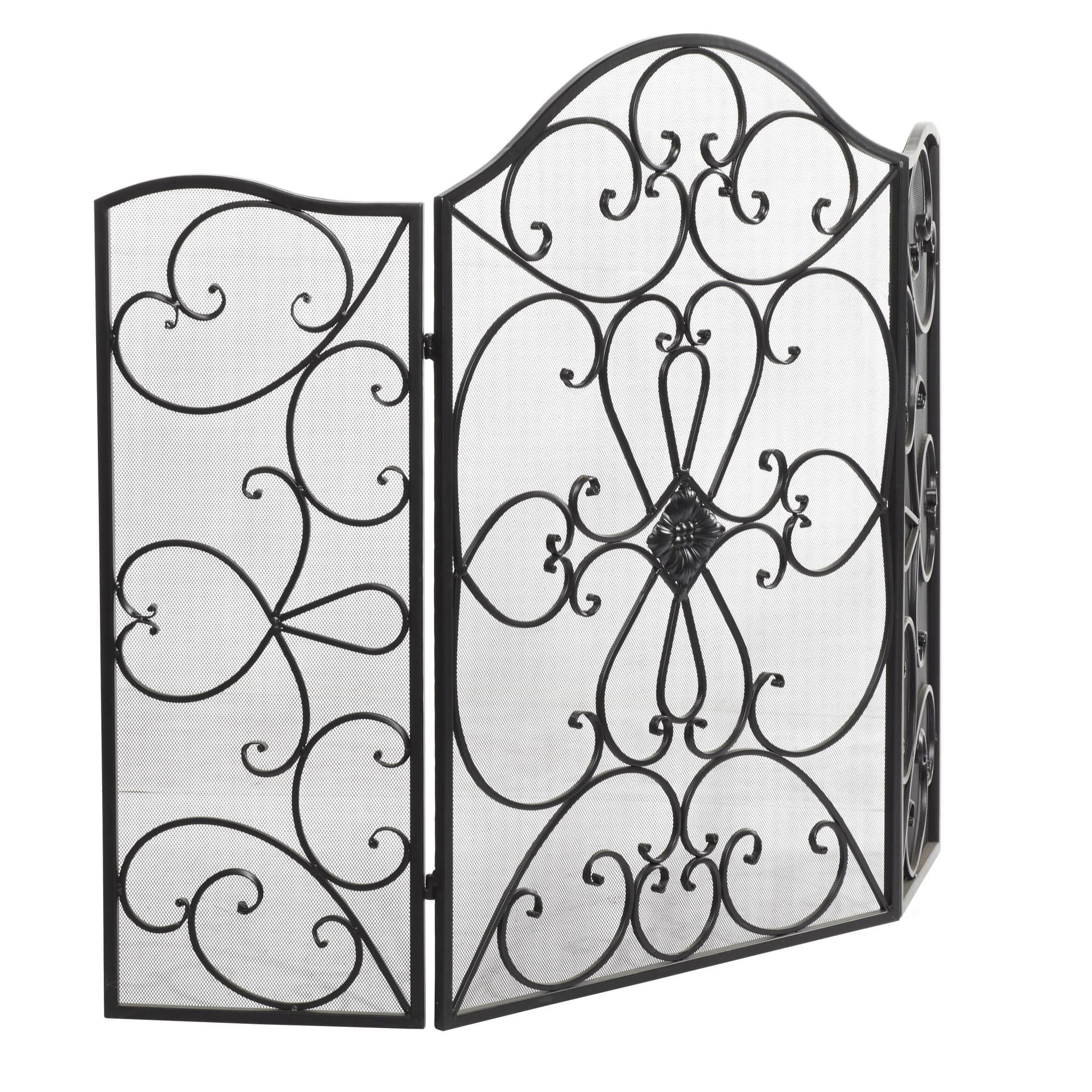 Scroll Black Metal Foldable 3 Panel Living Room Fireplace Screen with Mesh Netting