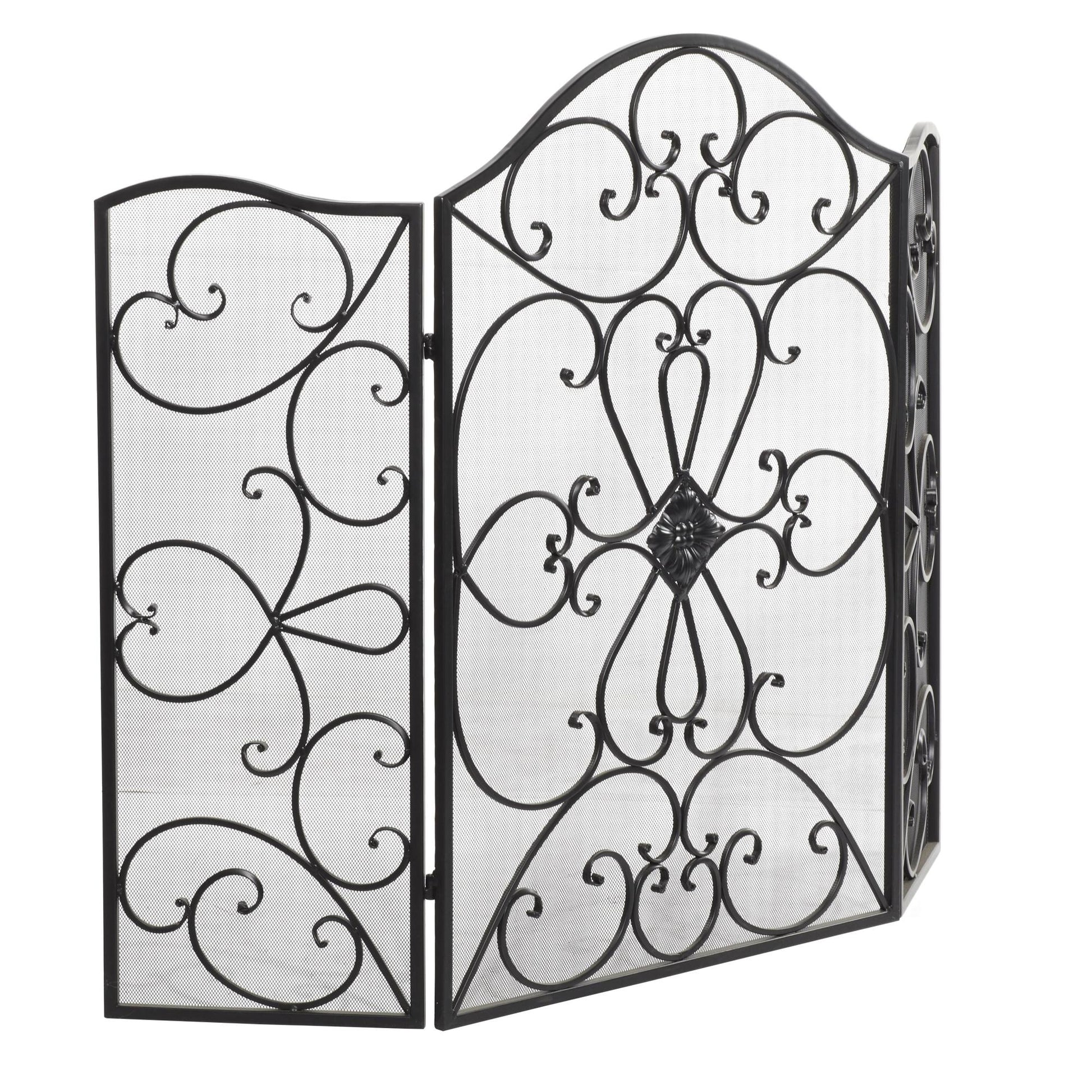 Scroll Black Metal Foldable 3 Panel Living Room Fireplace Screen with Mesh Netting