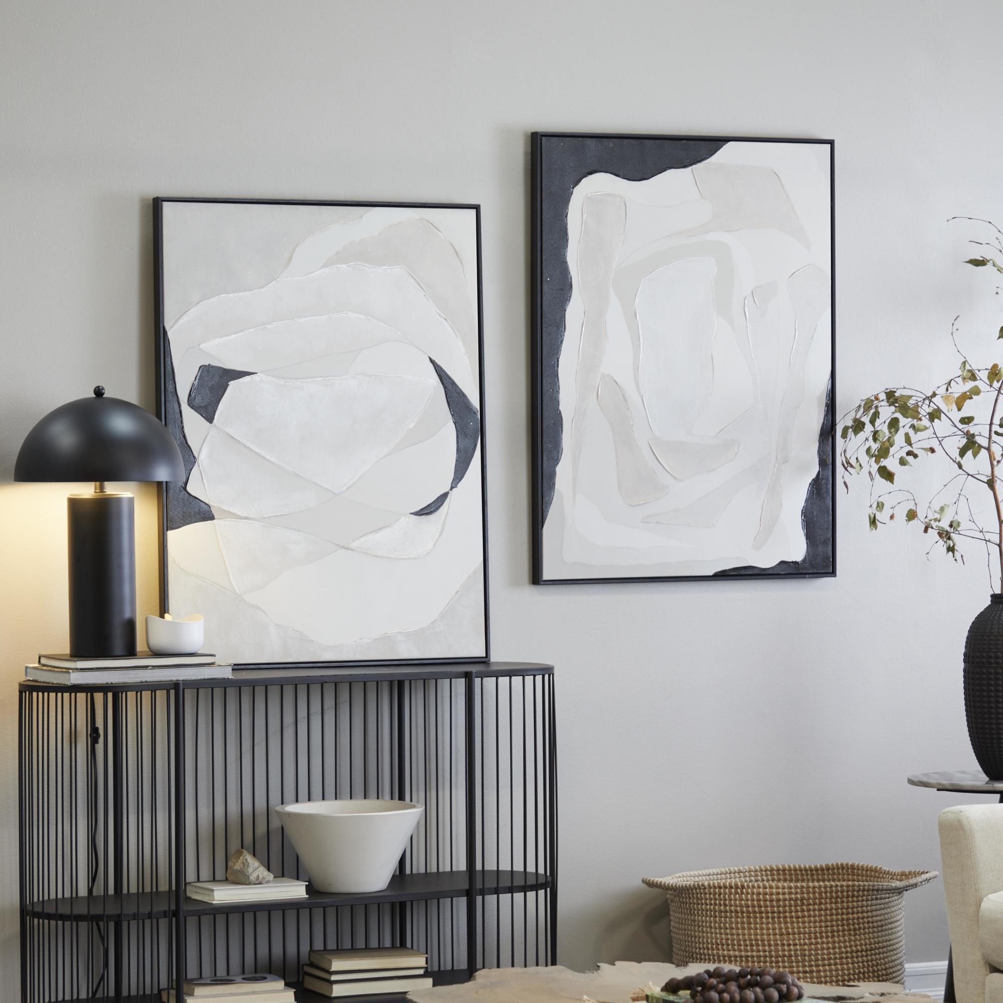 Set of 2 Abstract White Canvas Living Room Framed Wall Art with Black Frame