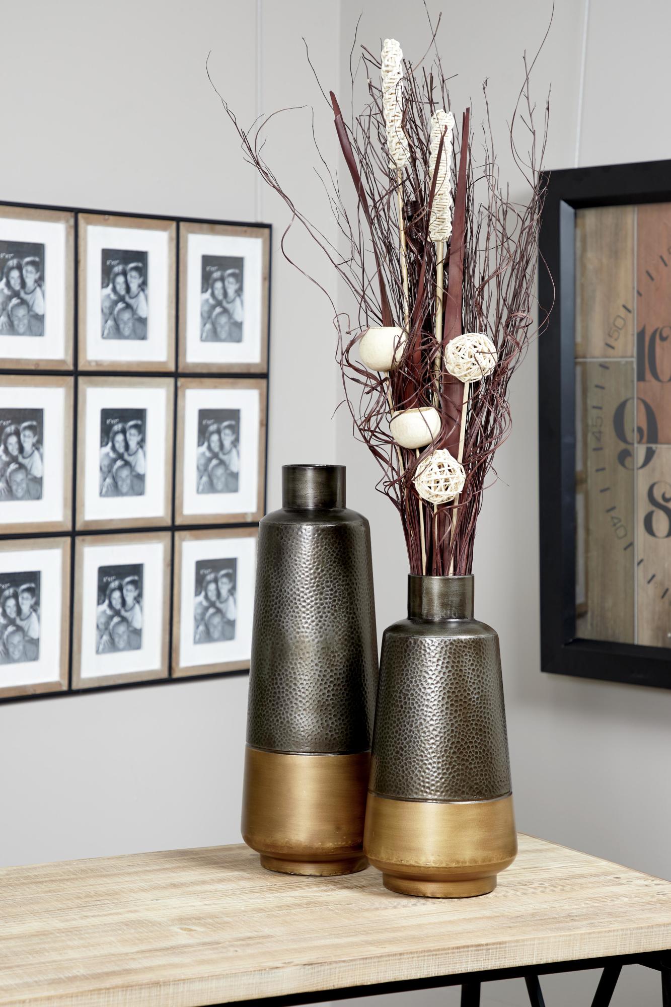 Set of 2 Dark Gray Metal Decorative Vase with Gold Base