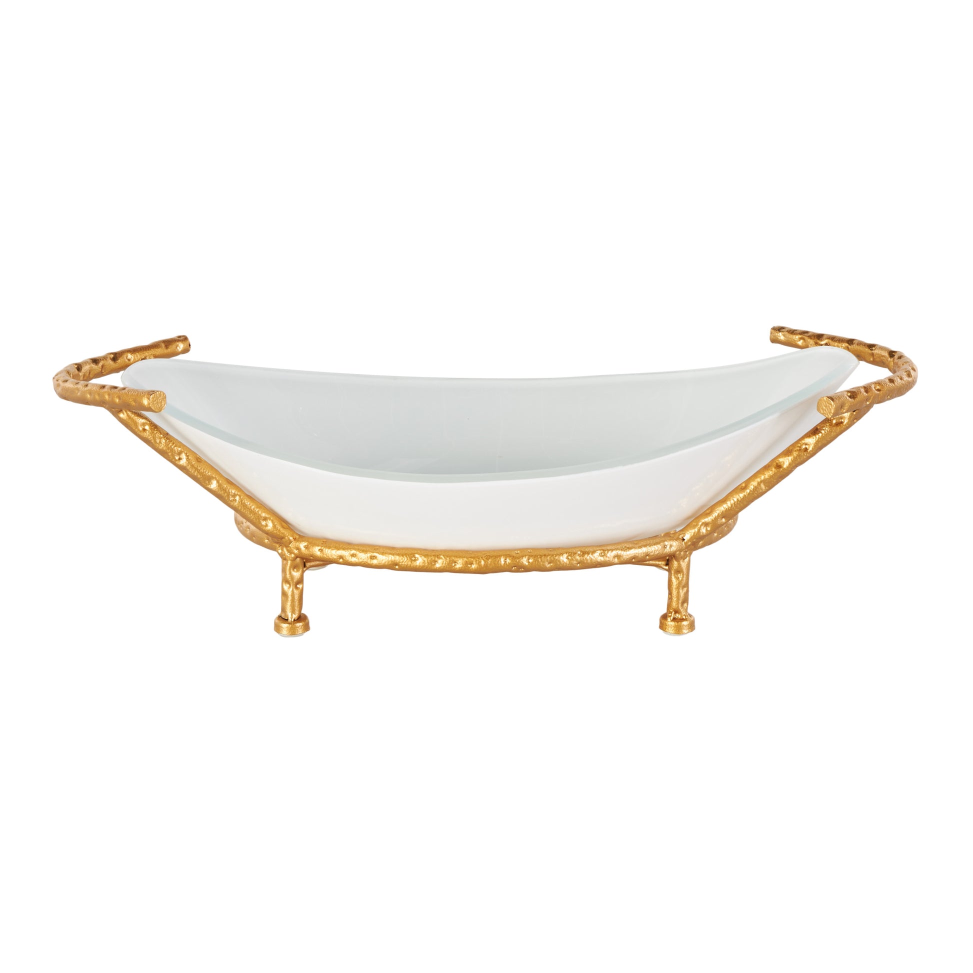 Kitchen White Tempered Glass Decorative Serving Bowl with Gold Metal Stand