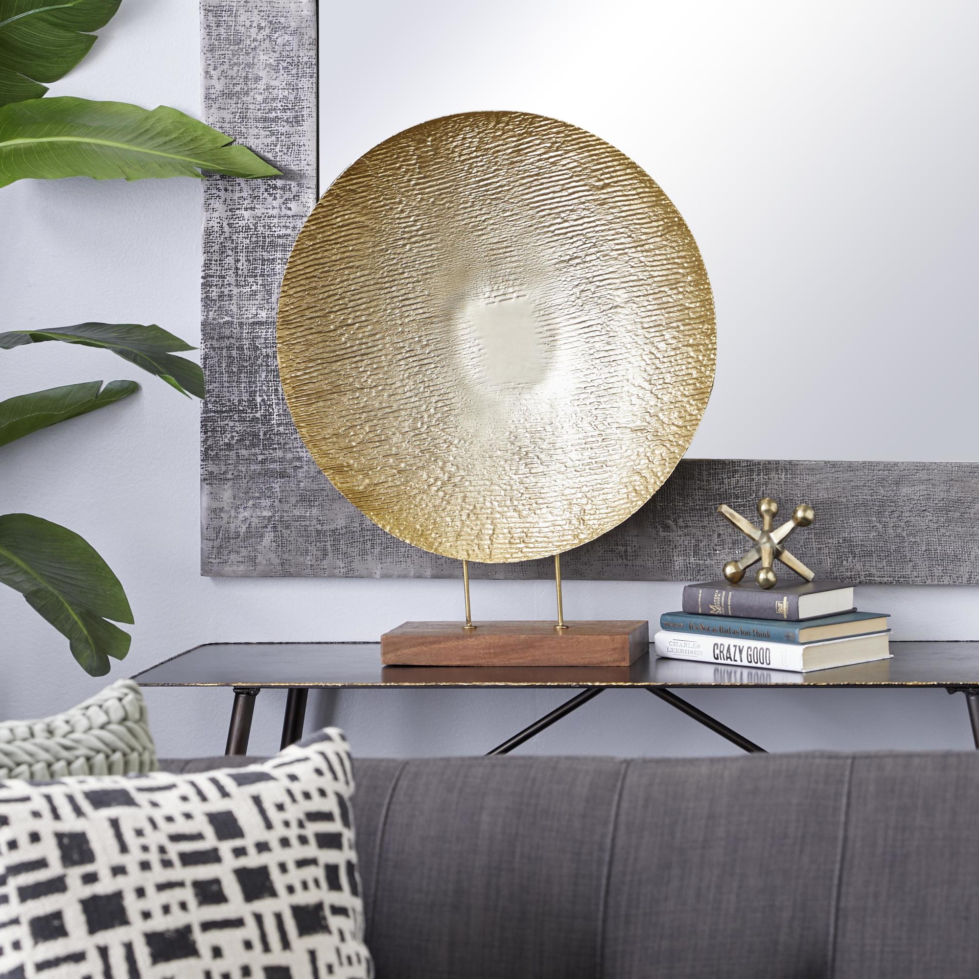 Geometric Gold Metal Plate Decorative Sculpture with Wood Stand
