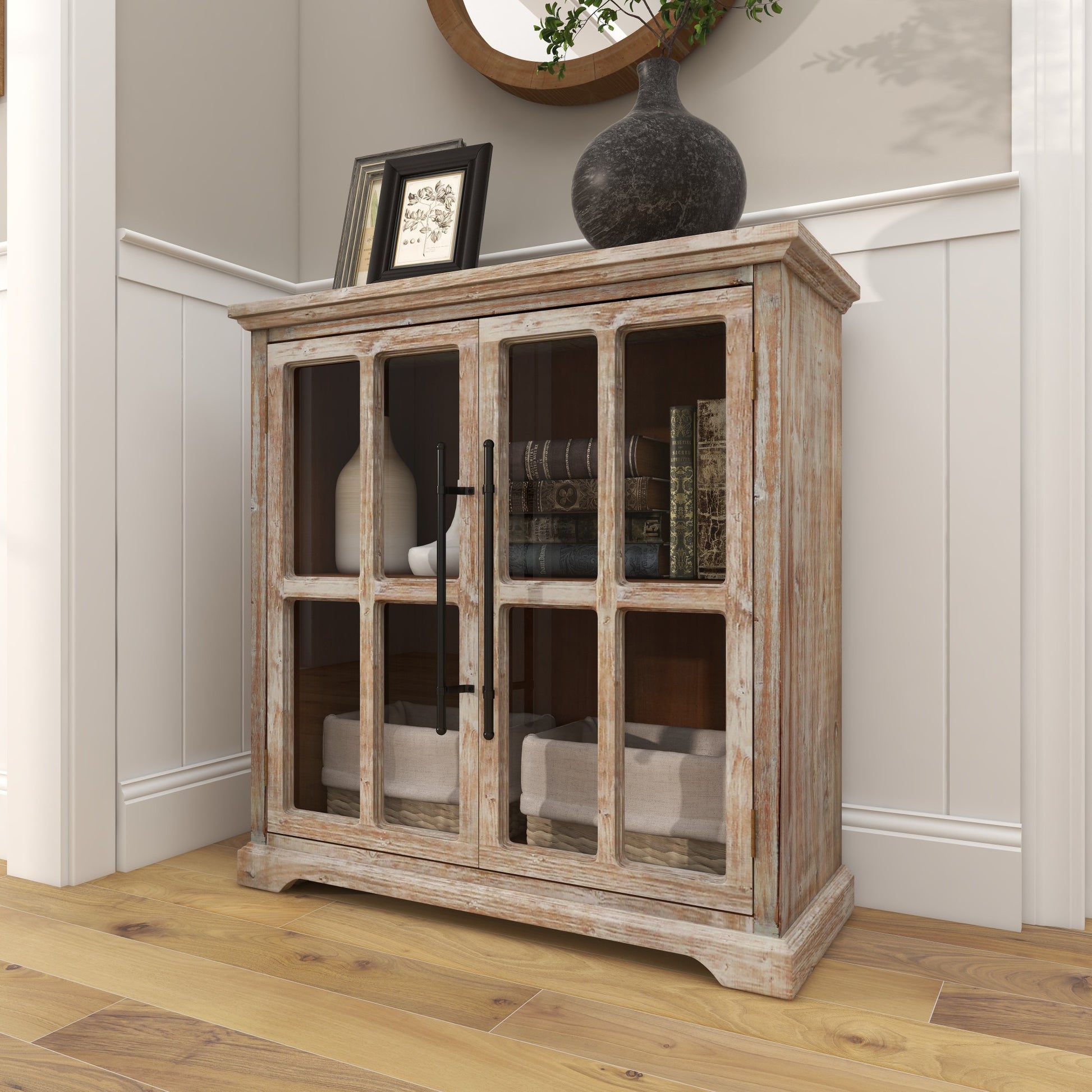 Brown Wood 2 Door Room Cabinet with Black Rod Handles
