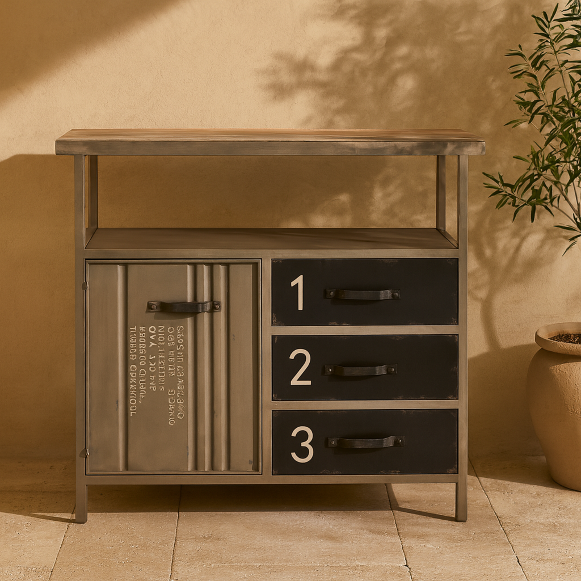 Gray Metal Army Surplus Style 1 Door and 3 Drawer Room Cabinet with Numbers and Text