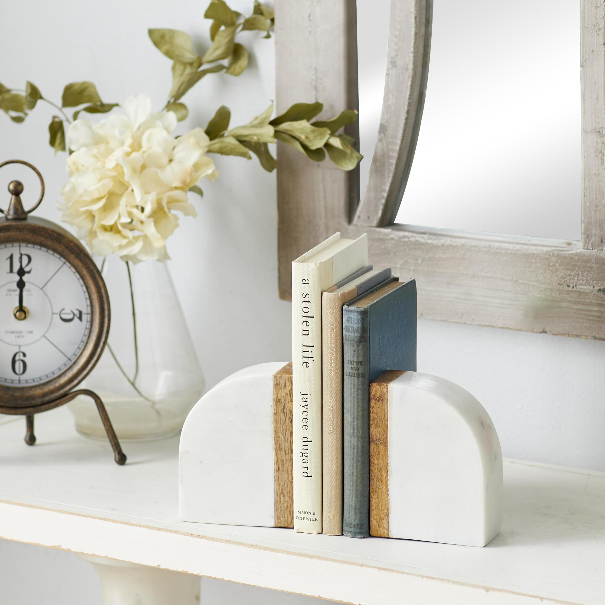Set of 2 Geometric White Marble Arch Decorative Bookends with Wood Accent