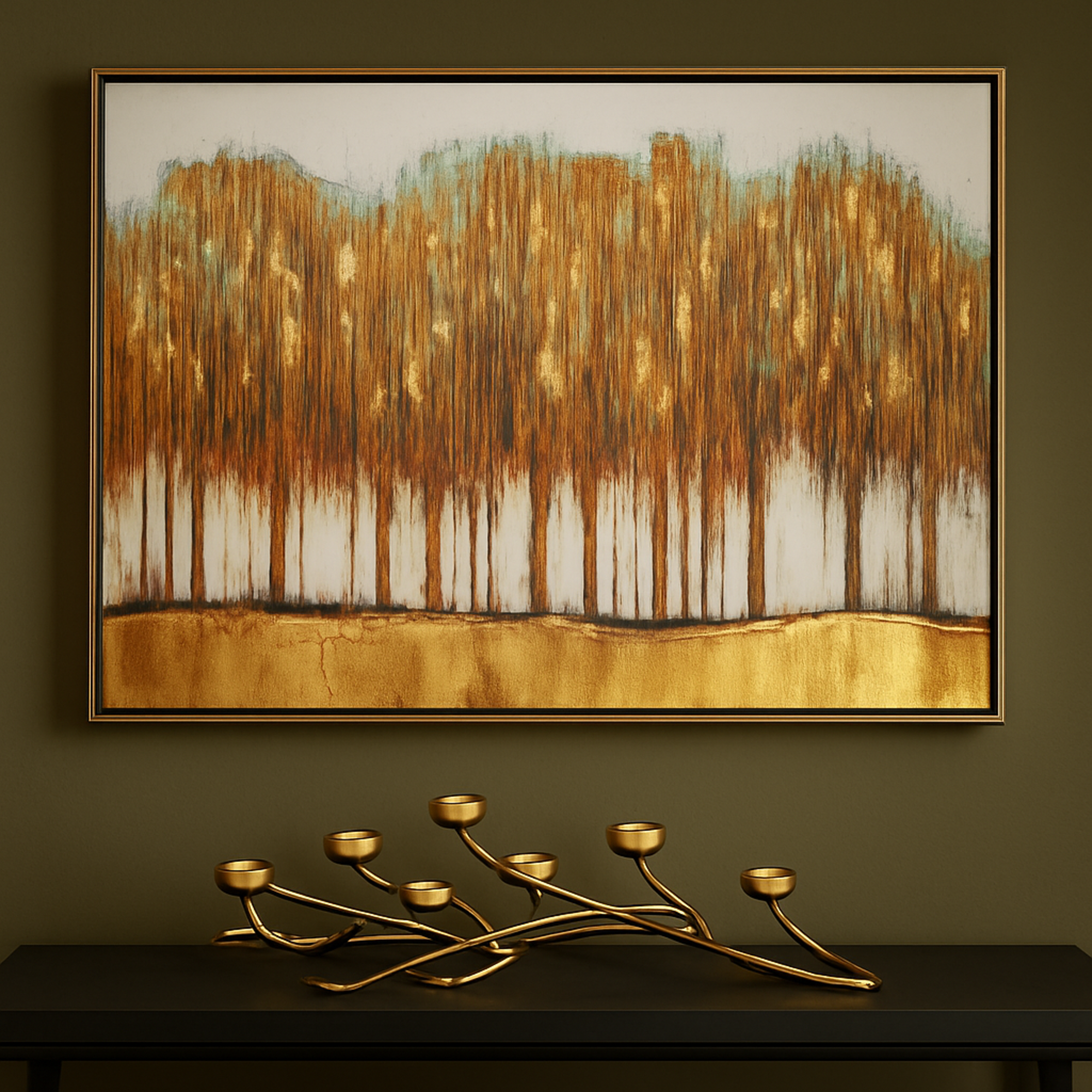Tree Brown Canvas Living Room Framed Wall Art with Gold Frame