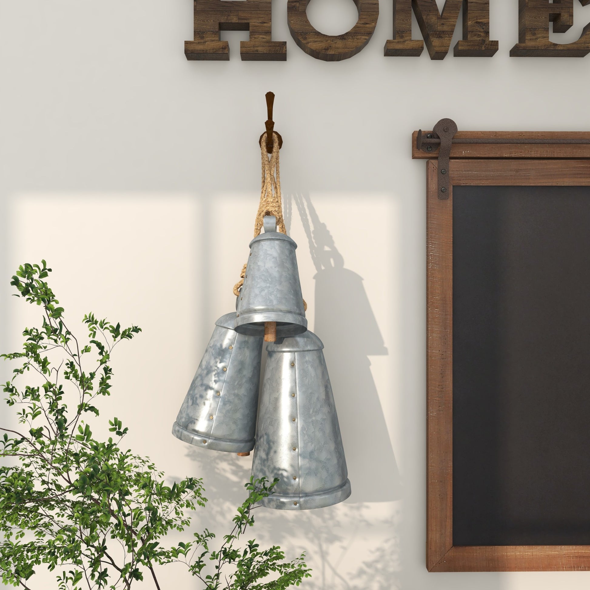 Set of 3 Metal Tibetan Inspired Indoor Outdoor Decorative Cow Bells with Jute Hanging Rope Set of 3 12",9",6"H