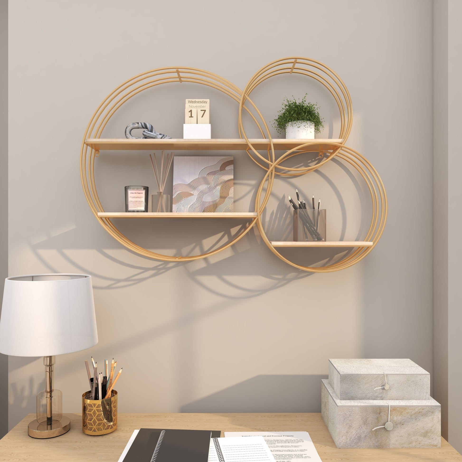 Geometric Gold Metal 3 Shelves Room Wall Shelf