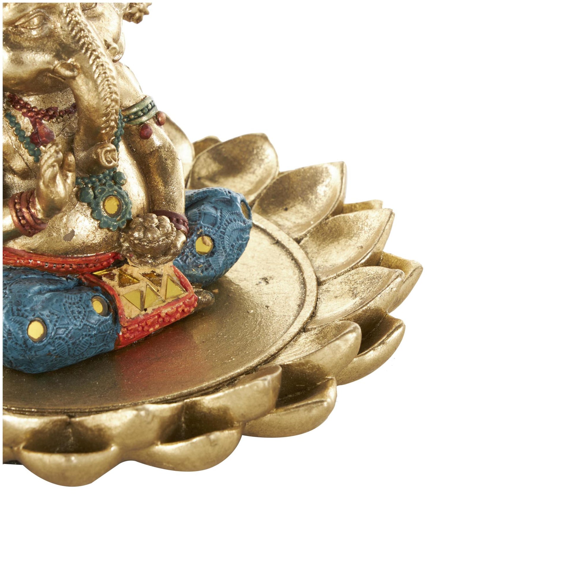 Ganesh Gold Resin Decorative Sculpture with Lotus Plate and Colorful Dresswear