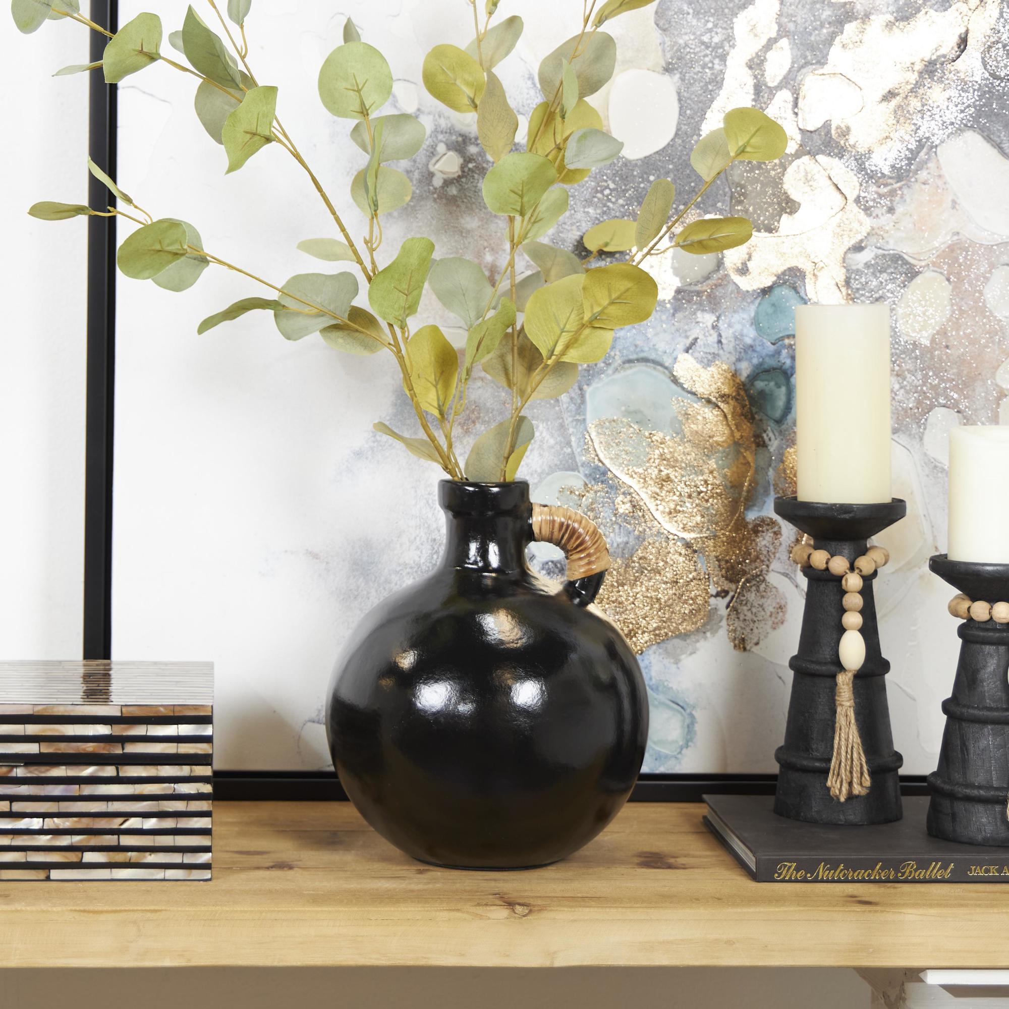 Ceramic Jug Inspired Decorative Vase with Rattan Wrapped Handle