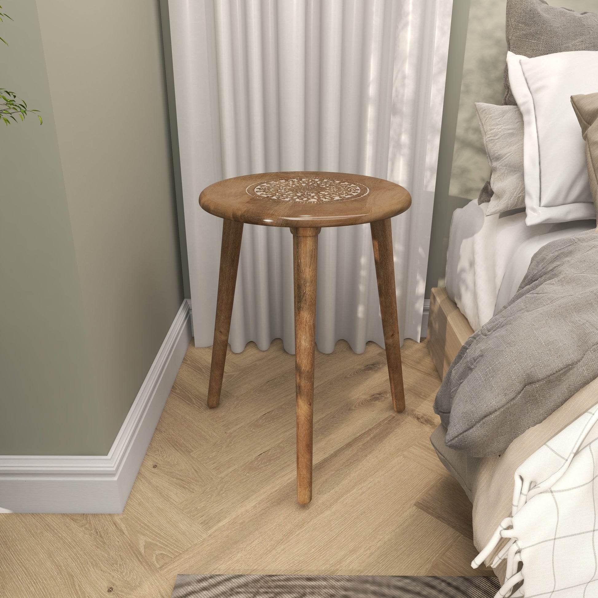 Floral Mango Wood Handmade Intricately Carved Side End Accent Table with Tripod Legs