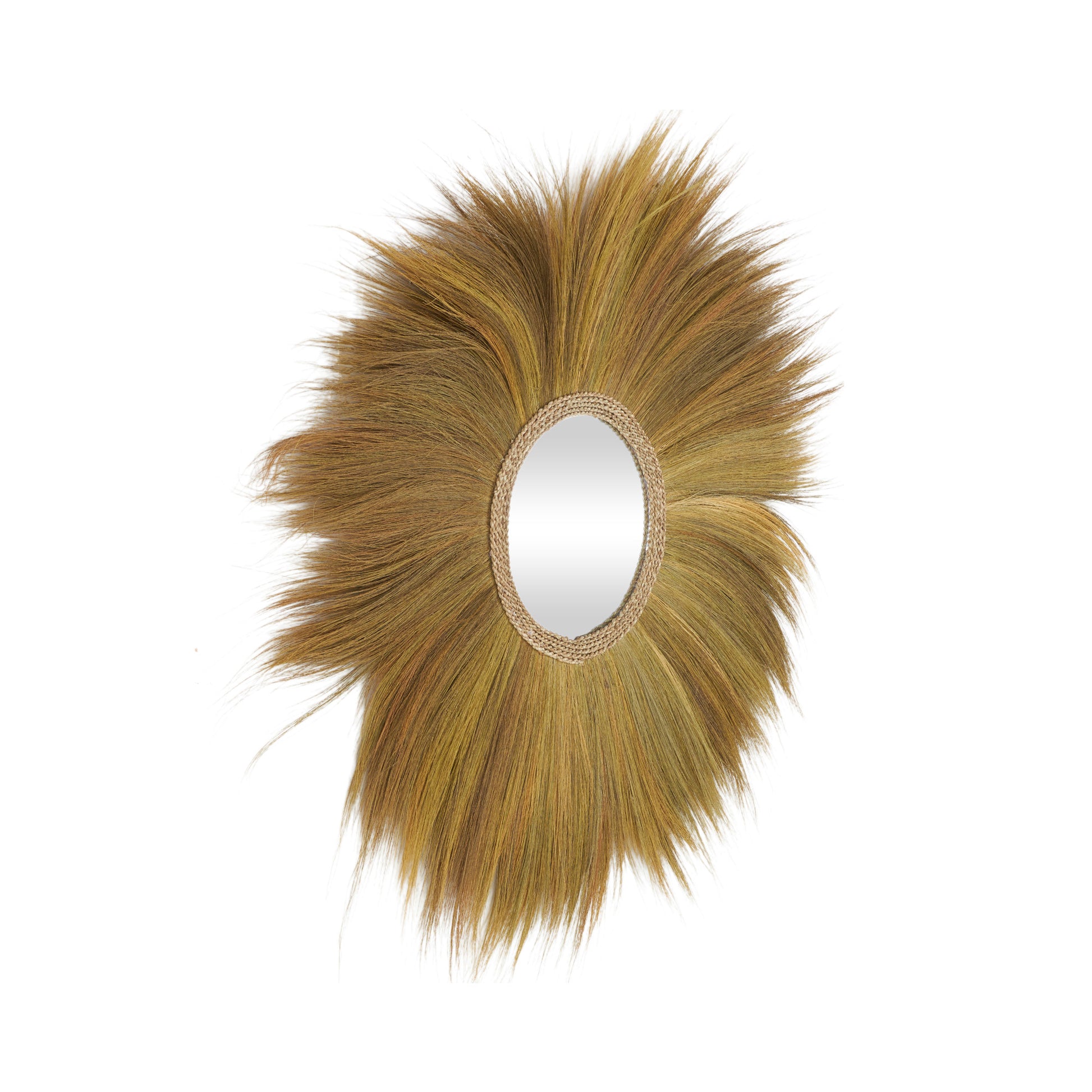 Brown Dried Plant Tribal Inspired Sunburst Grass Room Wall Mirror with Coiled Rope Center