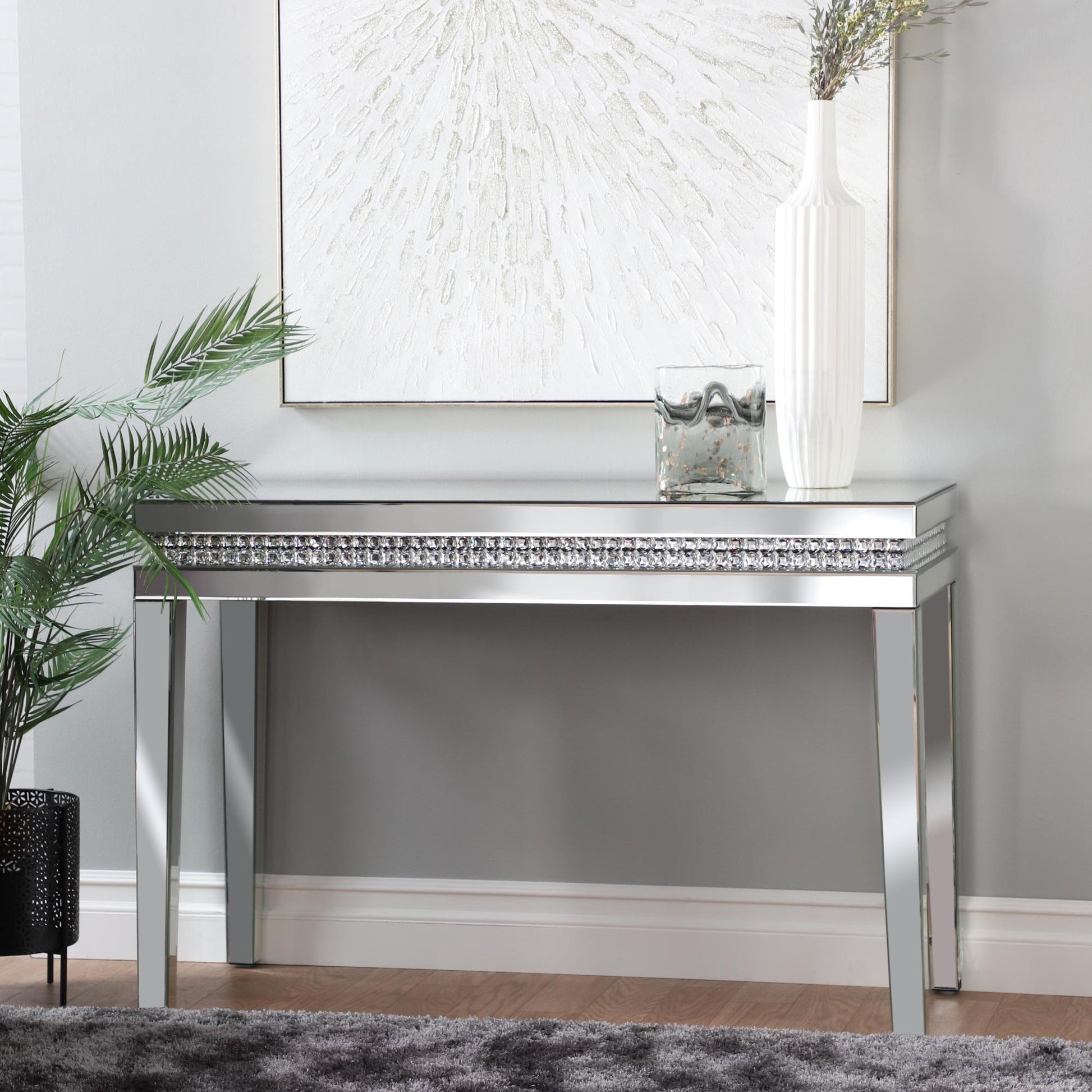 Silver Glass Mirrored Living Room Console Table with Crystal Studded Embellishments