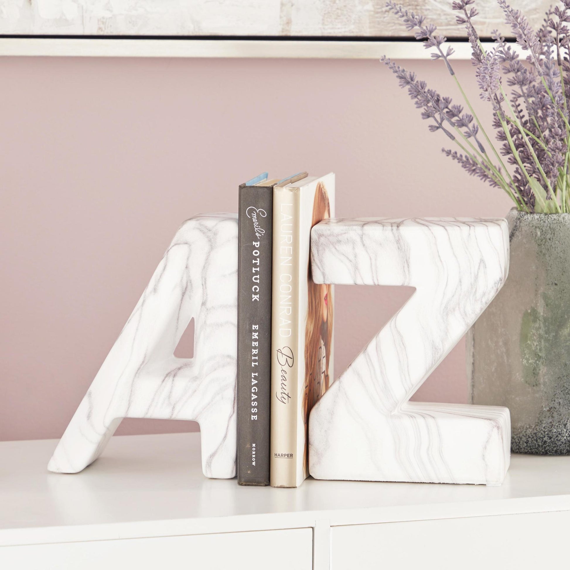 CosmoLiving by Cosmopolitan Set of 2 Text White Ceramic A Z Decorative Bookends with Faux Marble Finish
