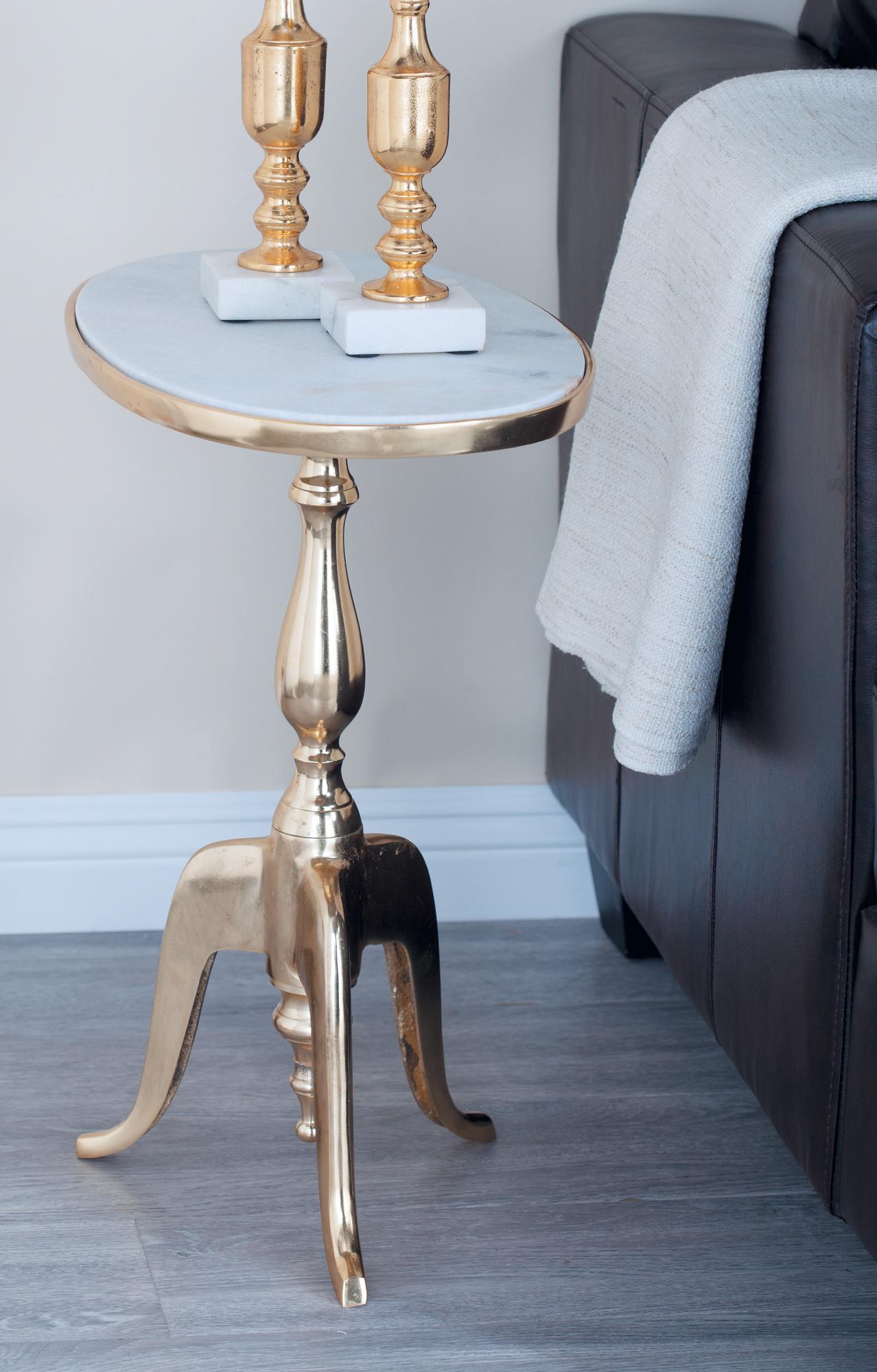 Gold Aluminum Metal Turned Oval Side End Accent Table with White Marble Top and Scroll Legs
