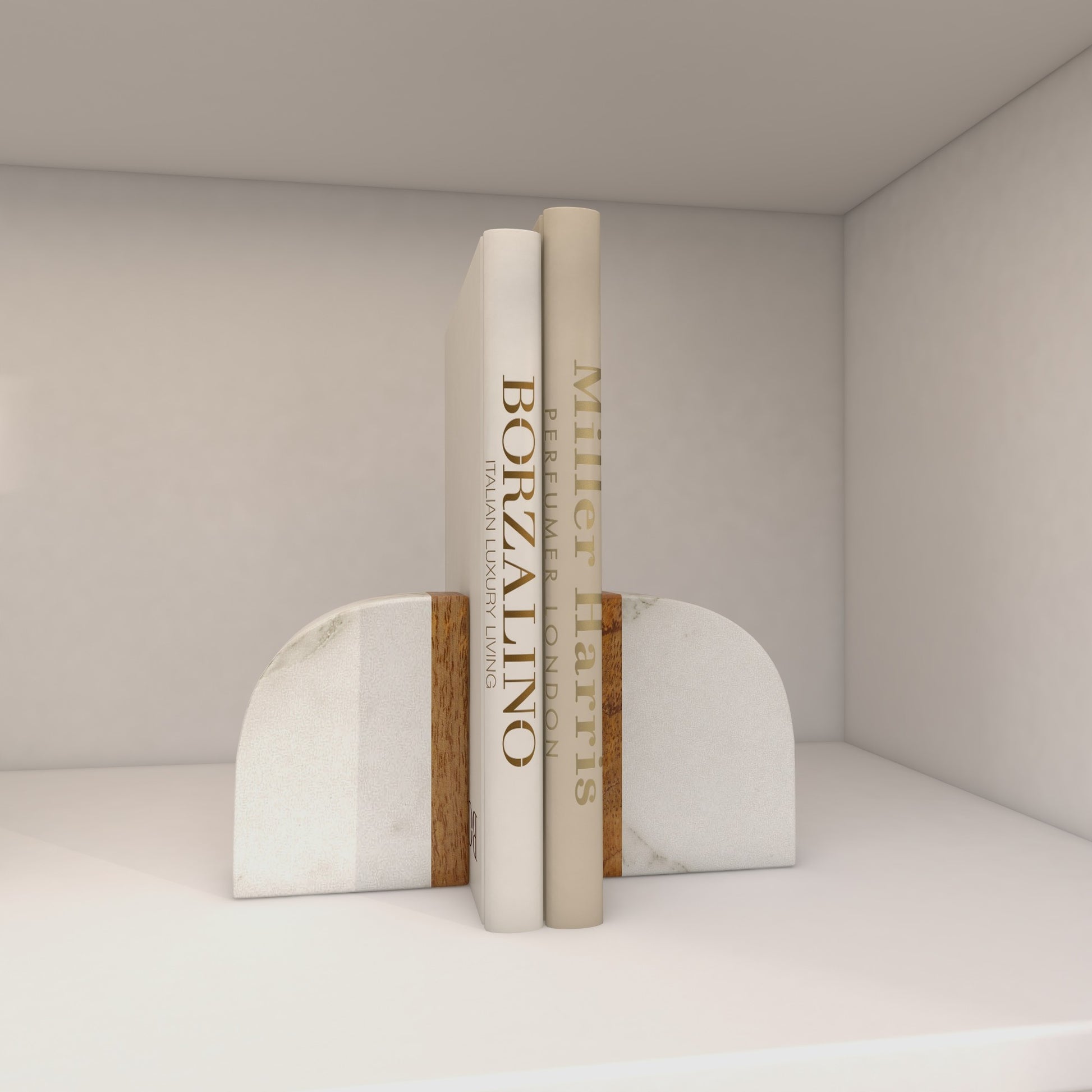 Set of 2 Geometric White Marble Arch Decorative Bookends with Wood Accent
