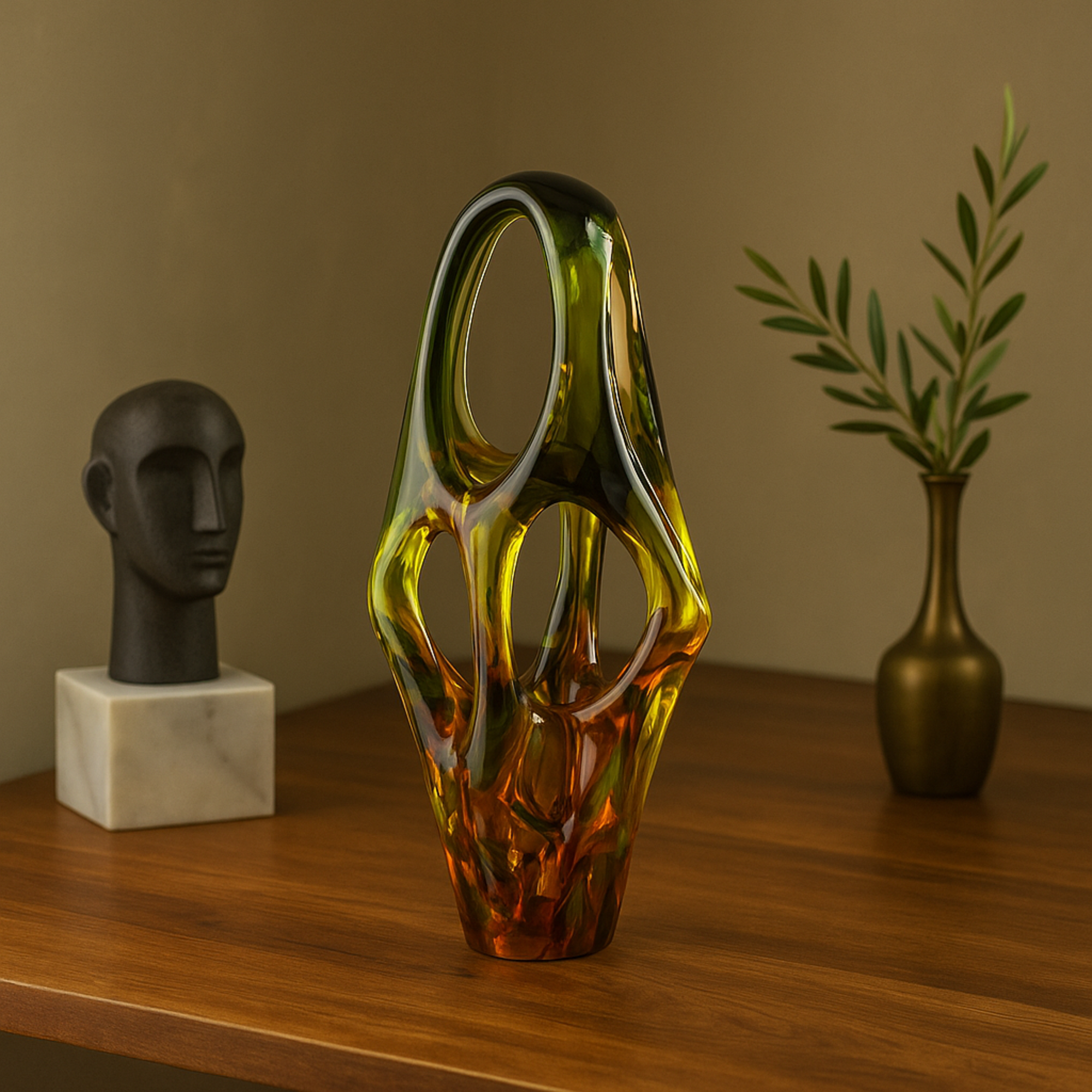 Abstract Green Glass Ombre Cutout Decorative Sculpture with Amber Accents