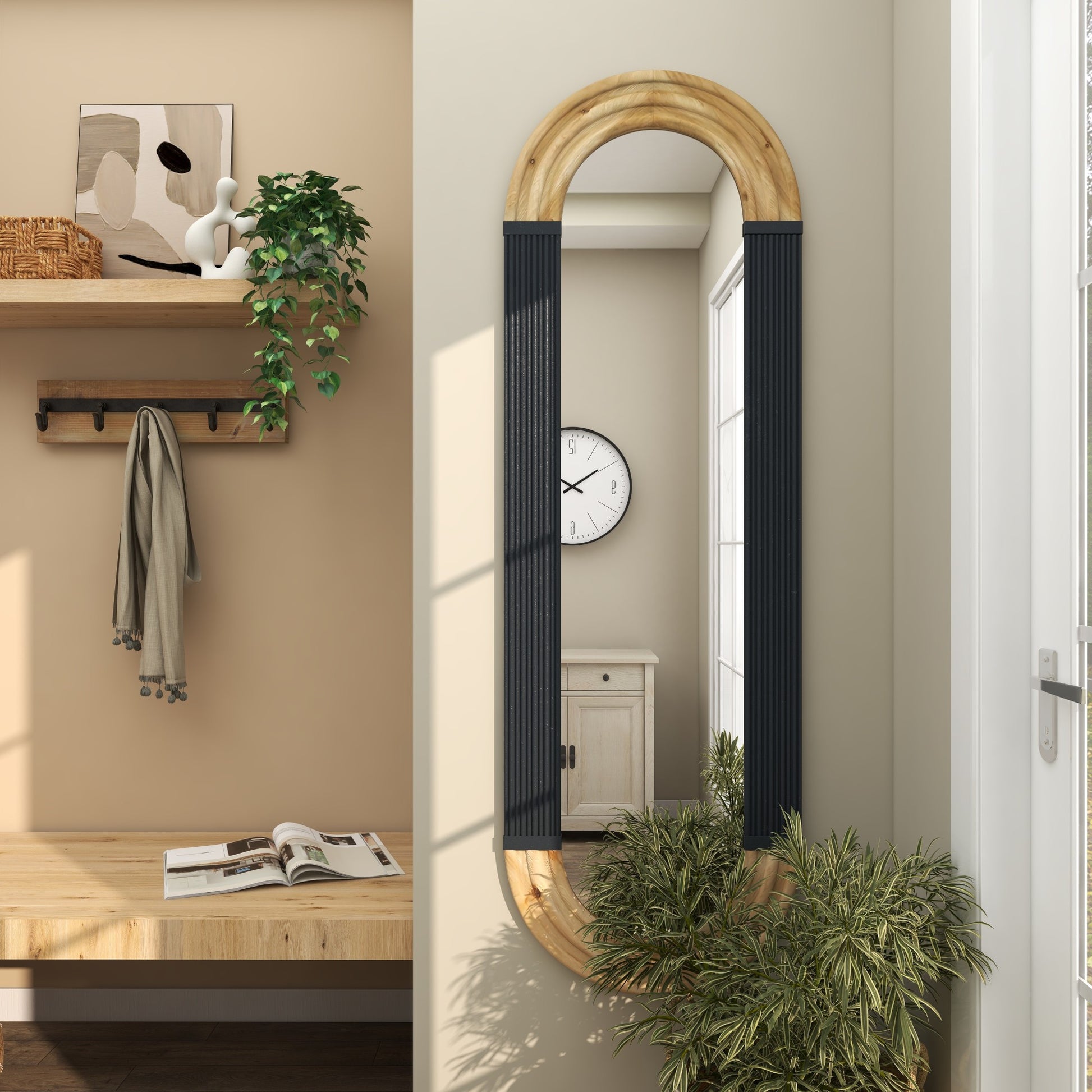Wooden Ribbed Oval Room Wall Mirror with Brown Accents