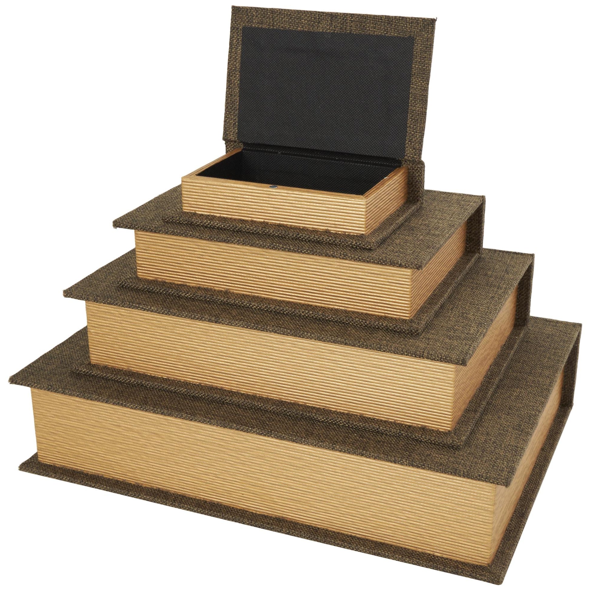 Set of 4 Dark Brown Fabric Faux Book Storage Decorative Box