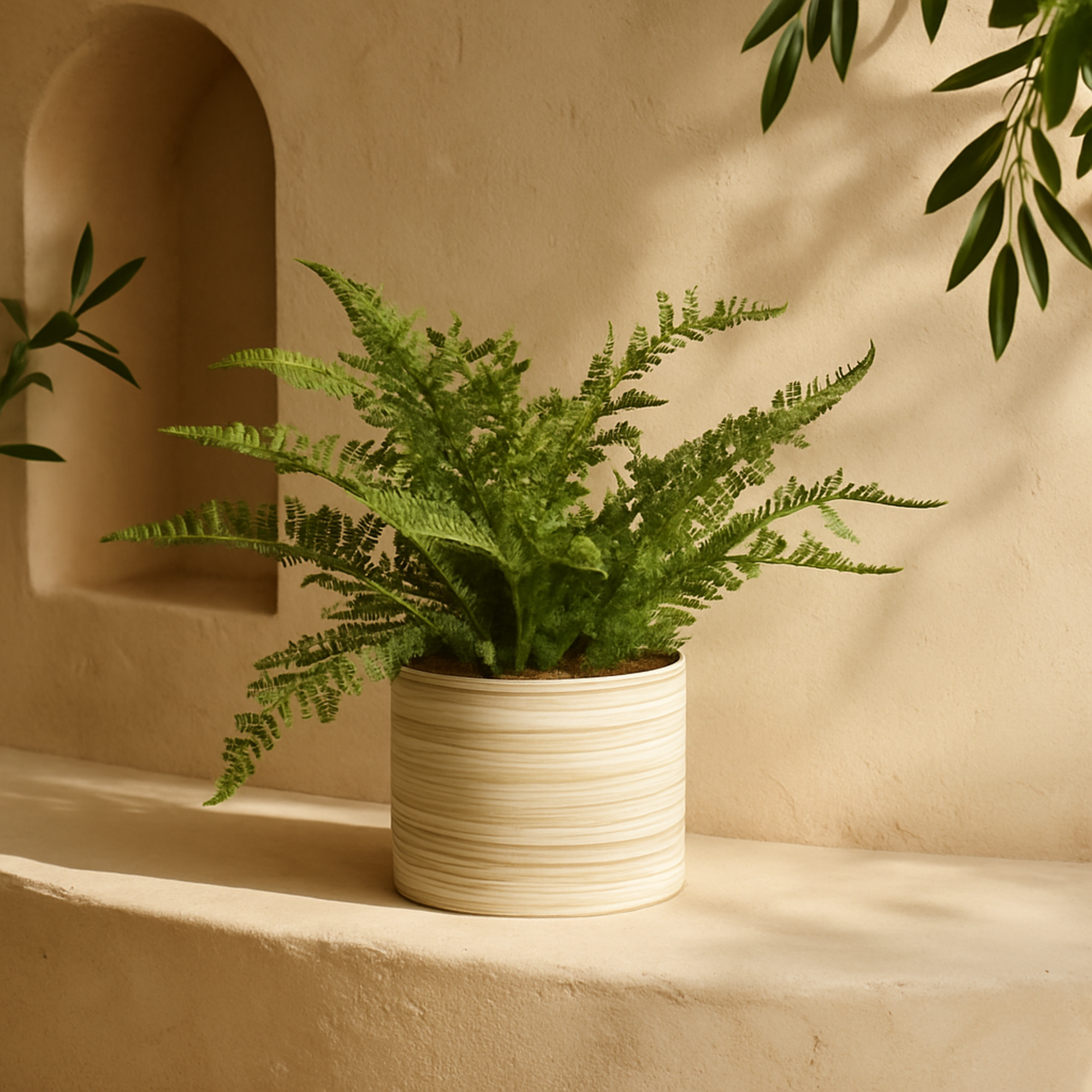 Fern Green Faux Foliage Indoor Outdoor Artificial Plant with Realistic Leaves and Patterned Round Pot