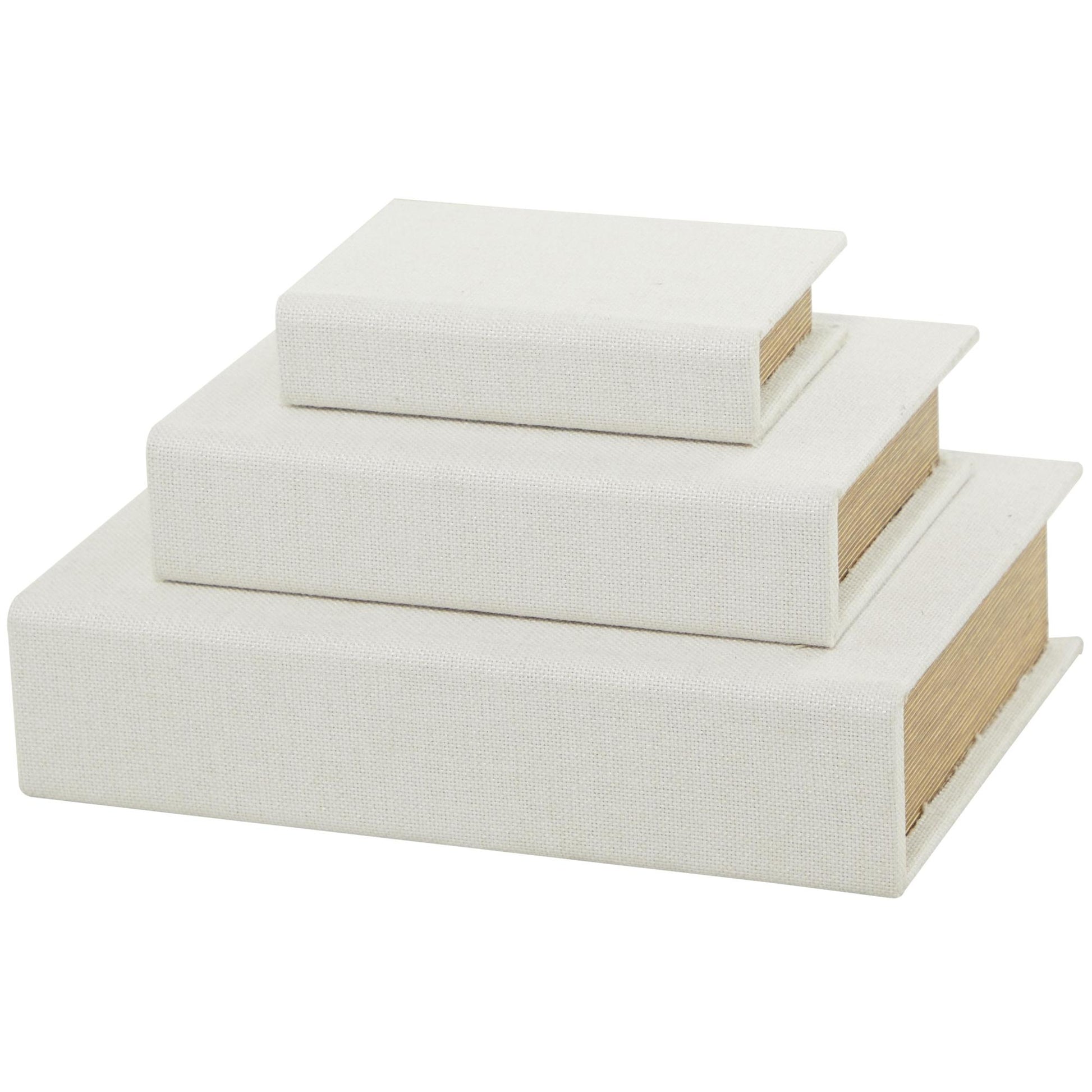 Set of 3 Linen Fabric Textured Faux Book Storage Decorative Box with Gold Page Detailing