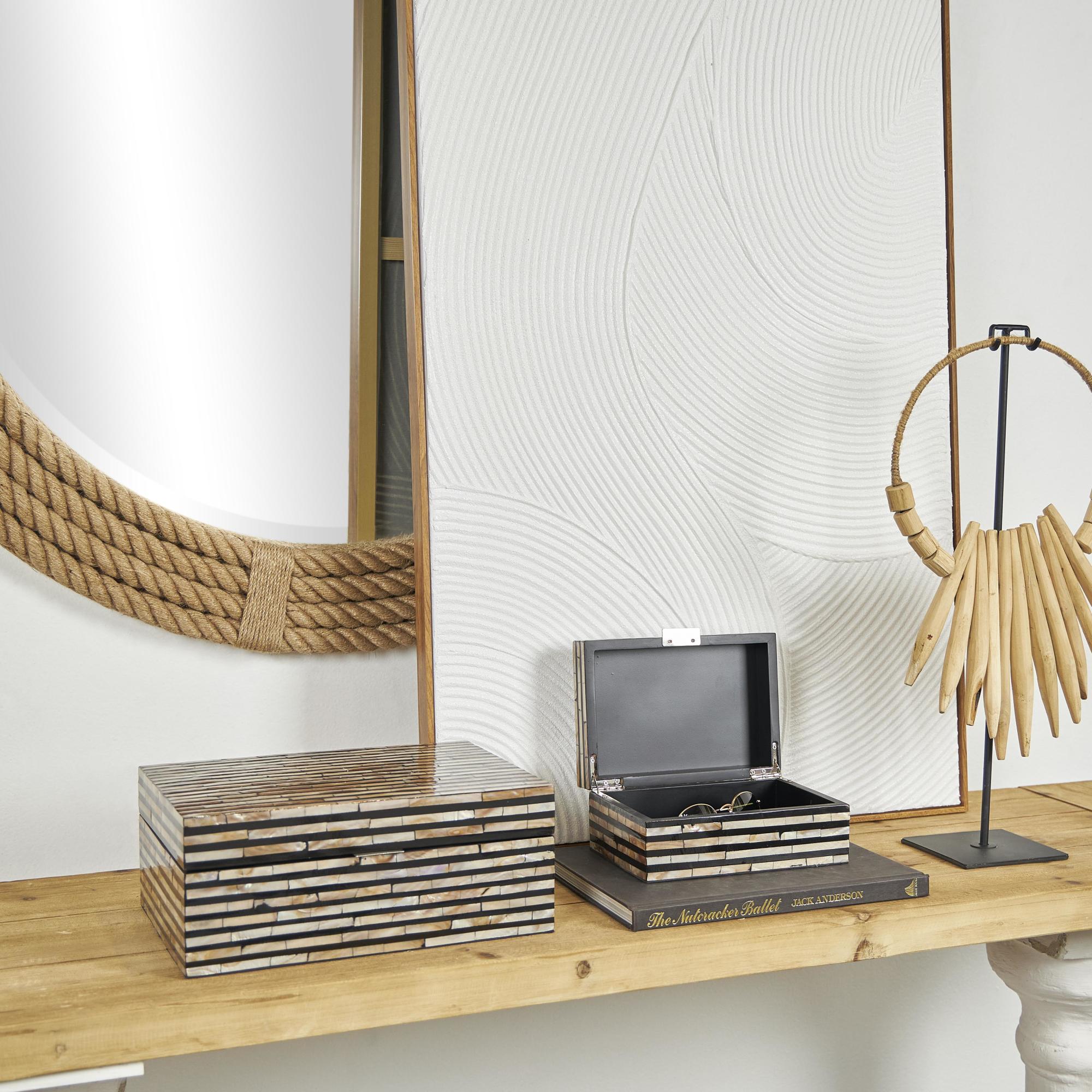 Set of 2 Beige Mother of Pearl Shell Handmade Decorative Box with Linear Mosaic Pattern and Hinged Lid