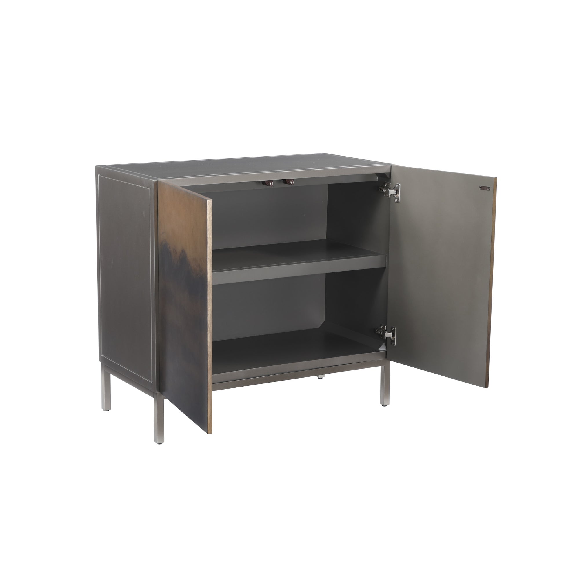 Silver Metal 2 Door Media Credenza Cabinet with Brown Wavy Designed Wooden Front