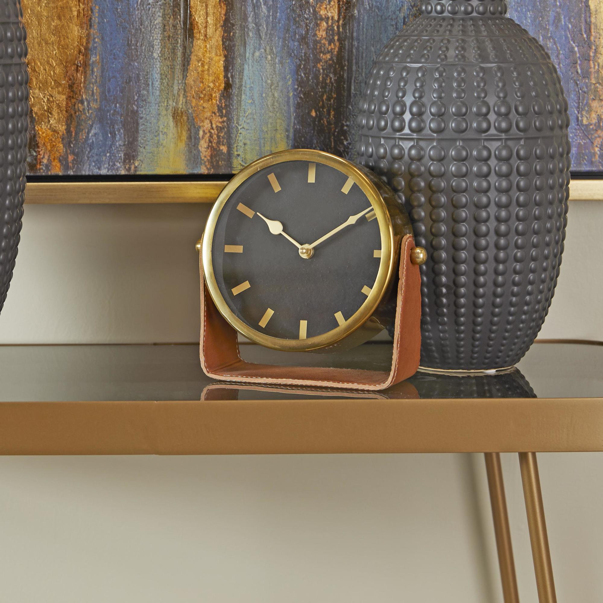 Stainless Steel Metal Decorative Clock with Leather Stand 7" x 3" x 7"