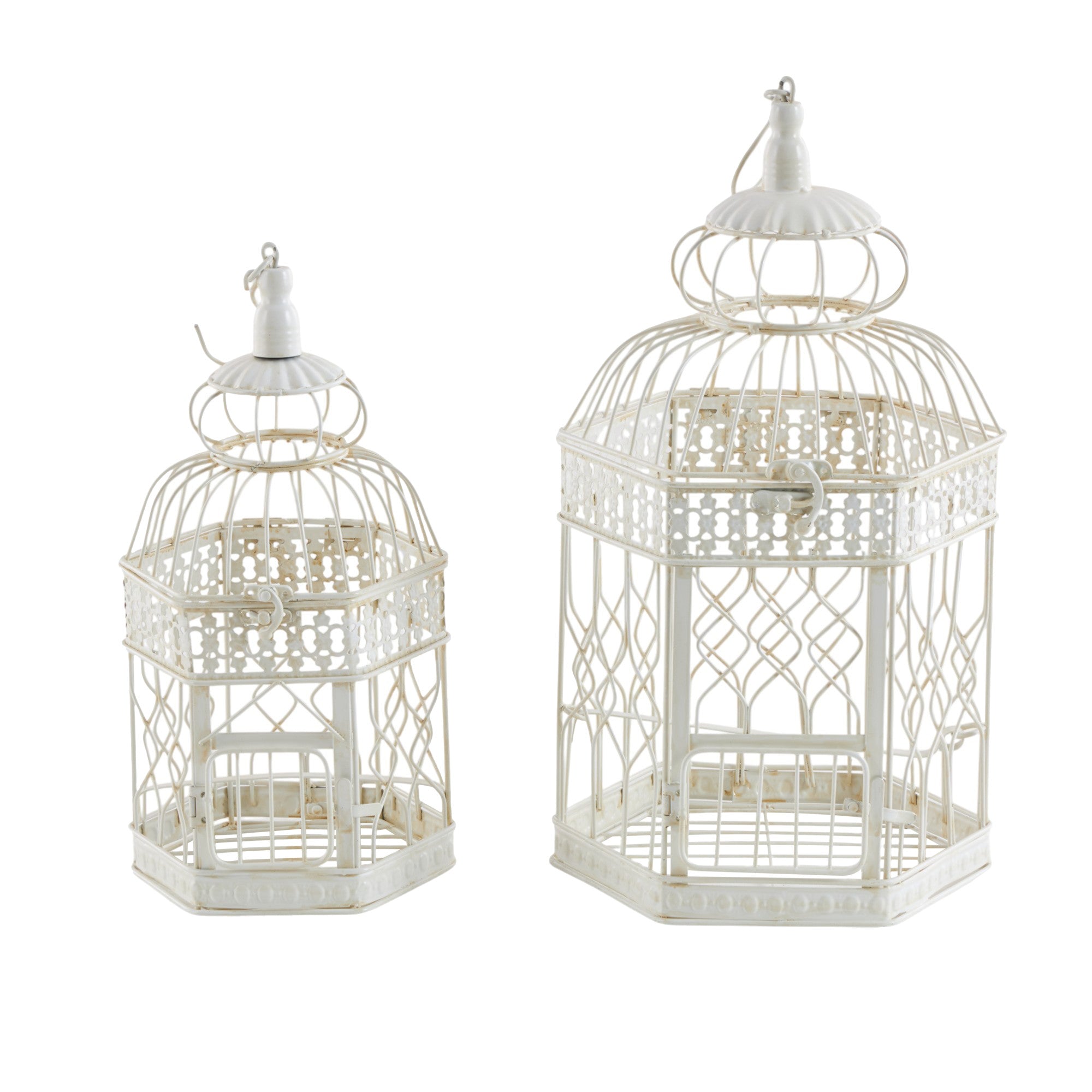 Set of 2 Scroll Cream Metal Distressed Wire Decorative Birdcage with Latch Lock Closure and Hanging Hook